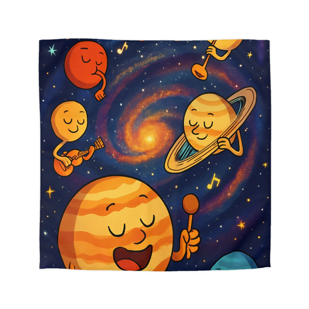 Ensemble joyeux de planètes musiciennes dans l'univers coloré pour housse de couette enfant