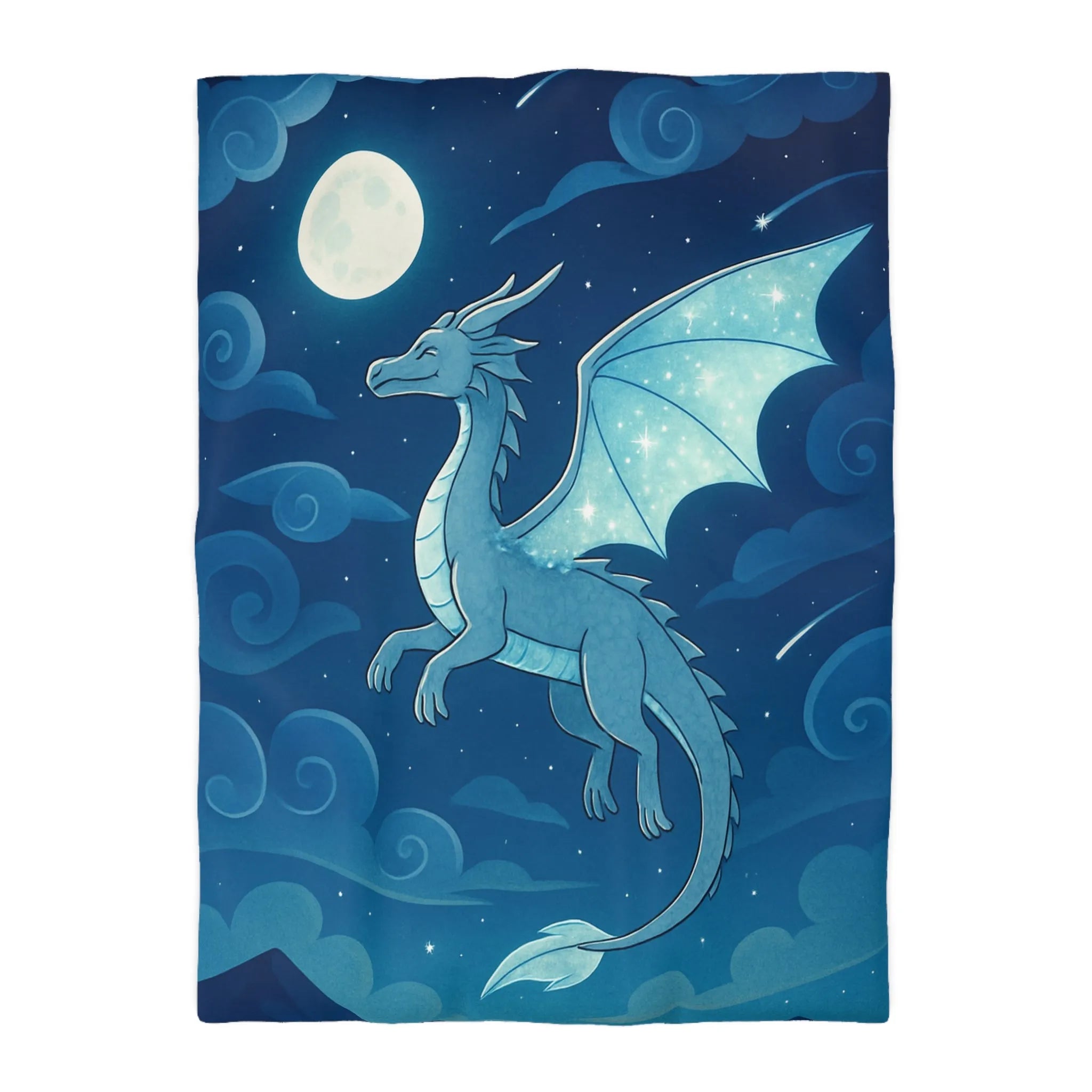 Housse de couette avec dragon bleu étincelant volant sous lune et étoiles scintillantes