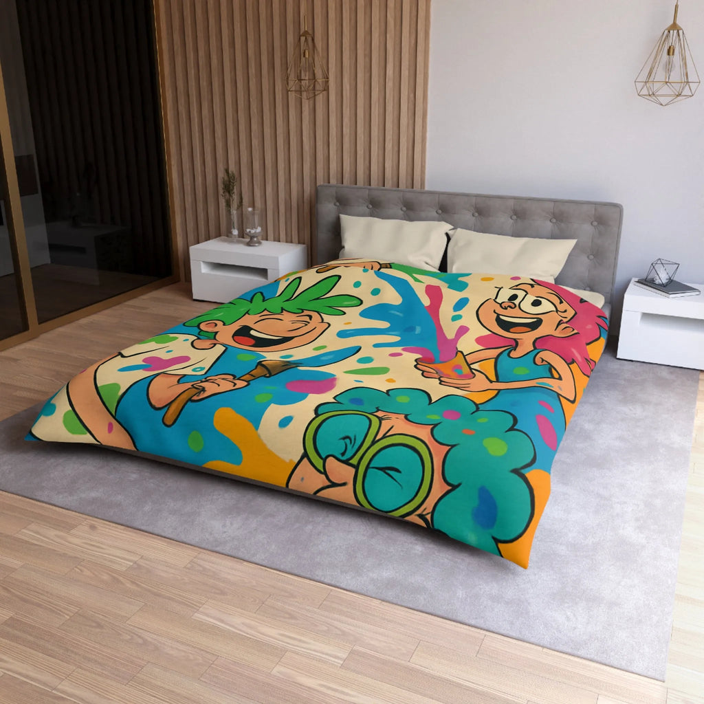 Housse de couette colorée pour enfants avec personnages joyeux et éclaboussures de peinture