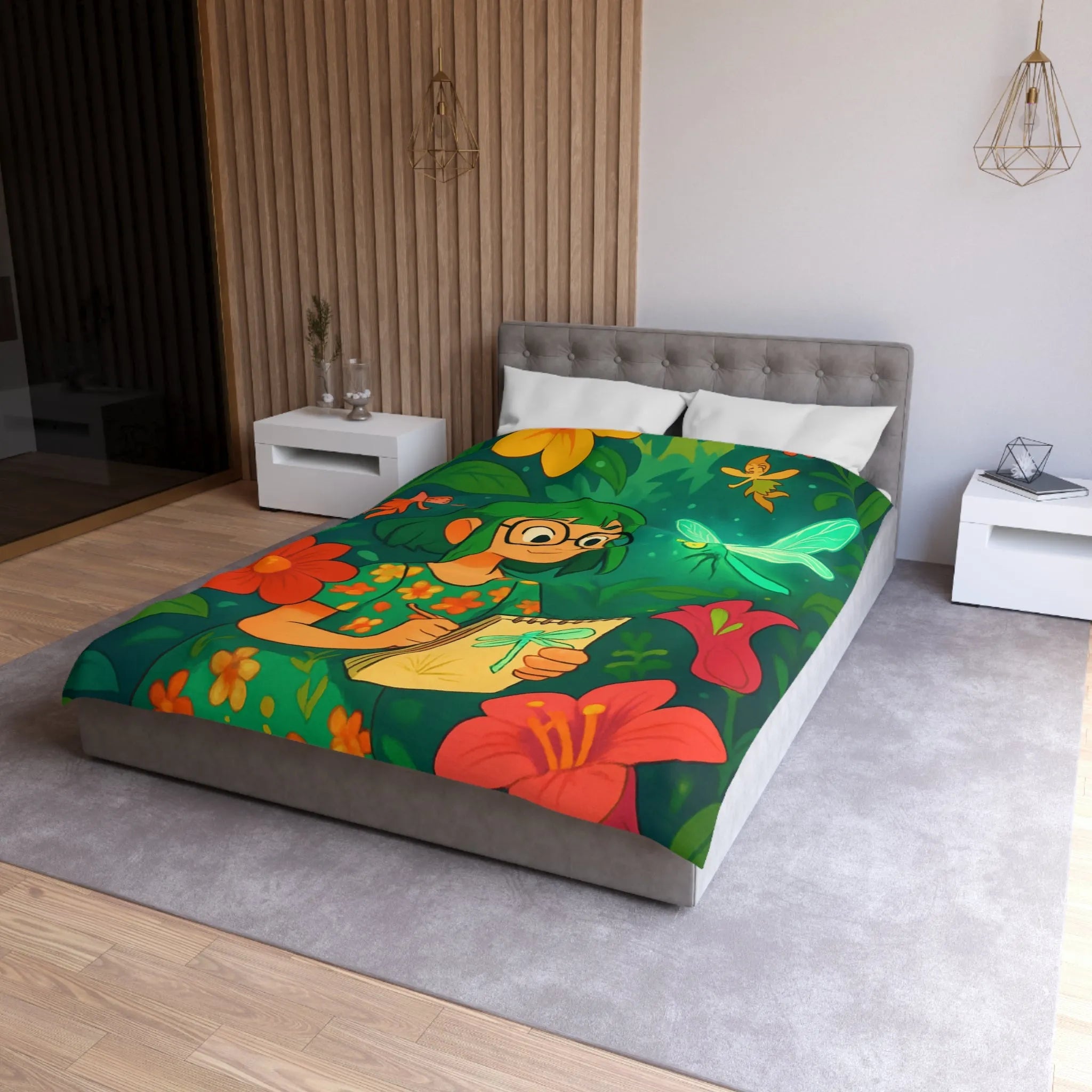 Housse de couette colorée avec fées et libellule dans un jardin enchanteur