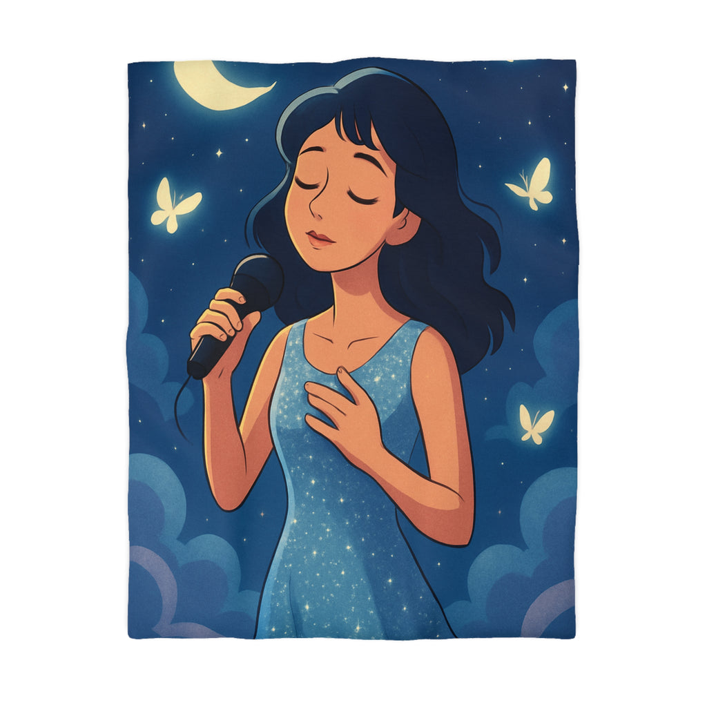 Housse de couette rêveuse avec chanteuse, papillons, lune et ciel étoilé bleu