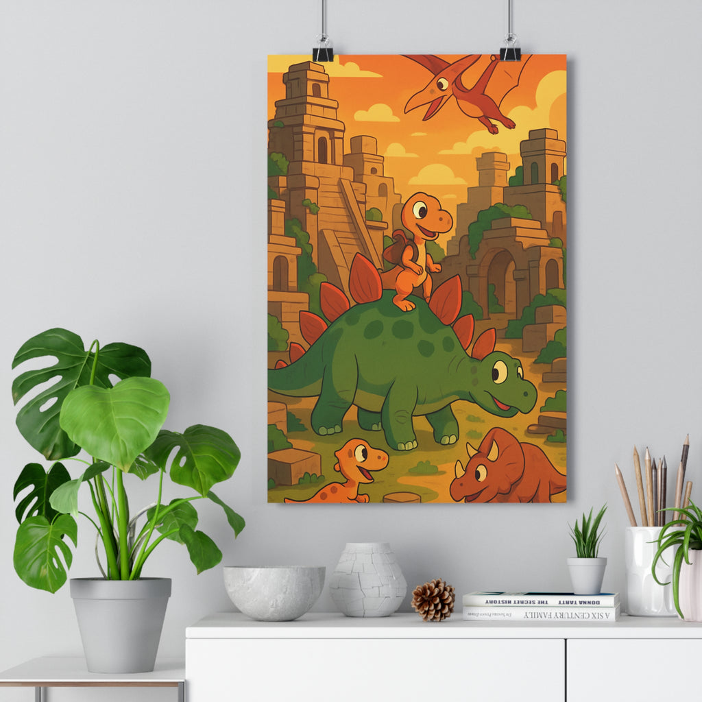Poster décoratif cartoon vert orange marron dinosaures joyeux aventure chambre enfant ludique ancien style