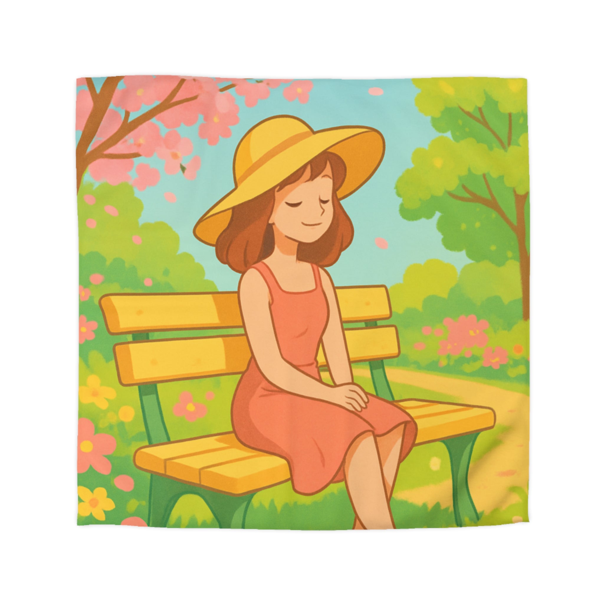 Housse De Couette Motif Printanier Banc Fleurs Ciel Bleu Style Illustration Paisible