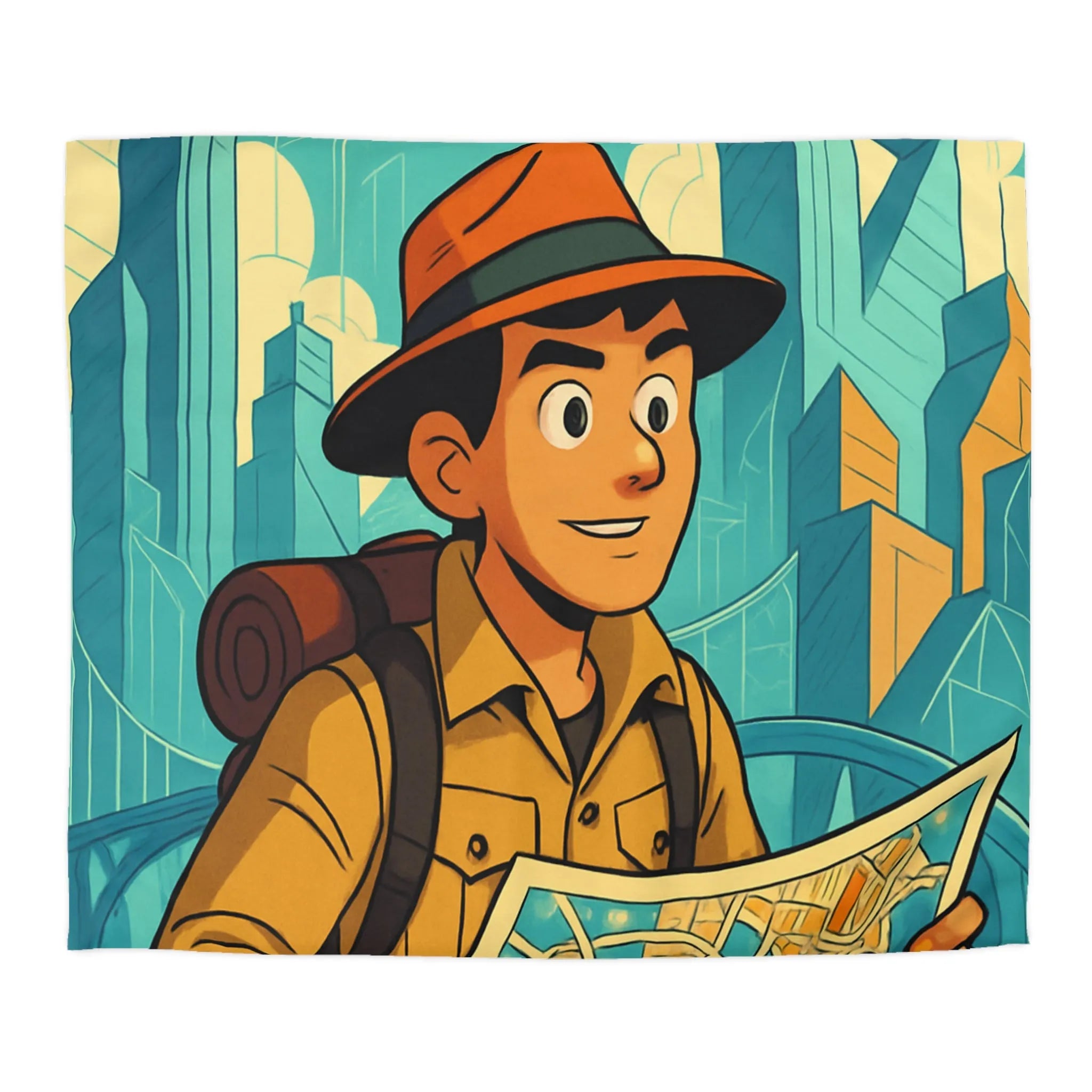 Découverte urbaine vibrante : jeune explorateur avec carte et gratte-ciels illustrés