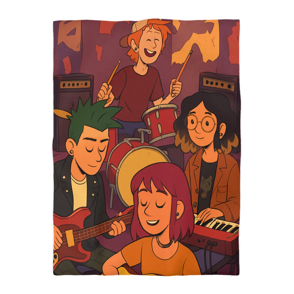 Housse de couette colorée avec jeunes musiciens animés jouant en harmonie joyeuse