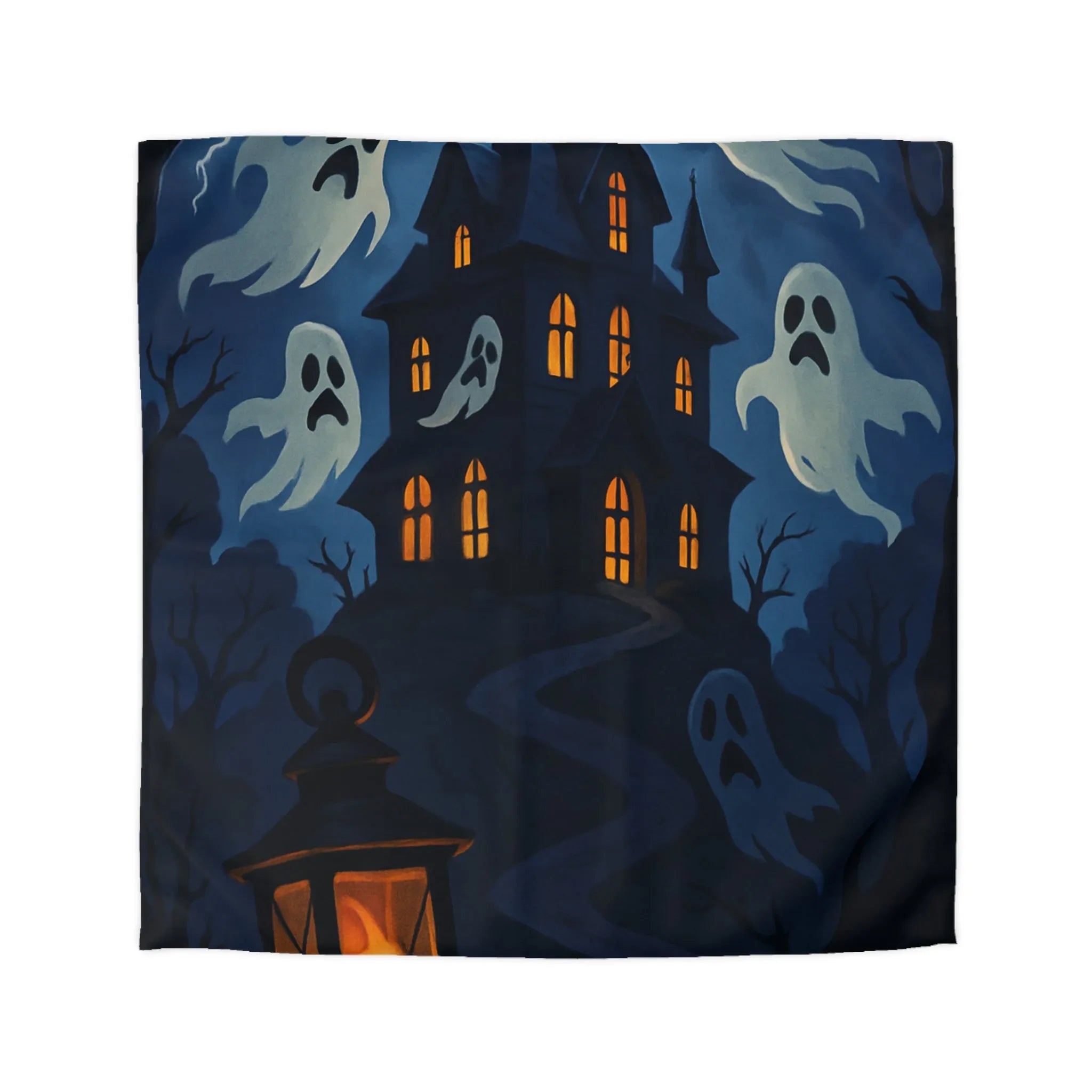 Housse de couette avec château hanté, fantômes, ciel orageux et lanterne mystérieuse