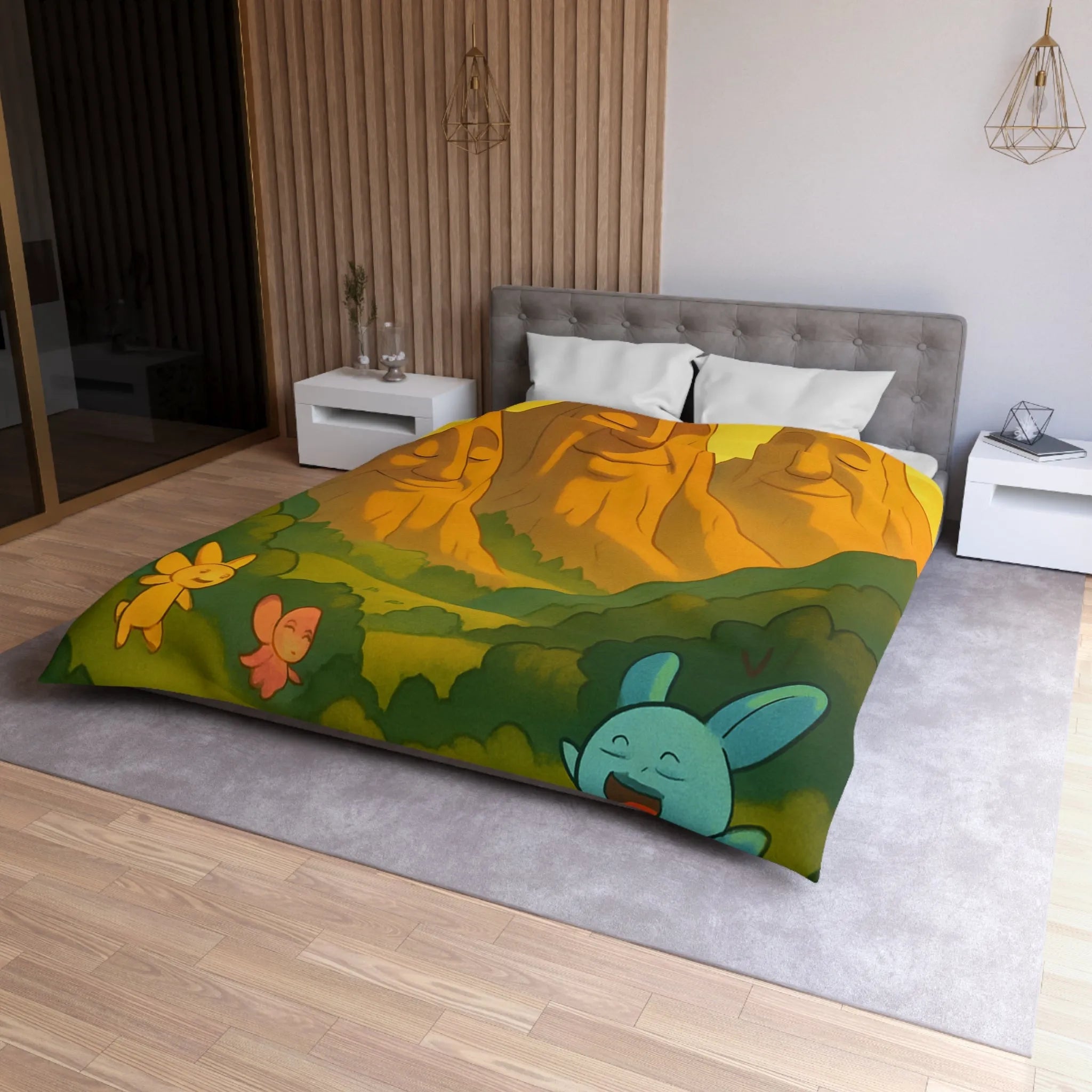 Housse de couette enfantine avec créatures en forêt sous montagnes souriantes au coucher de soleil