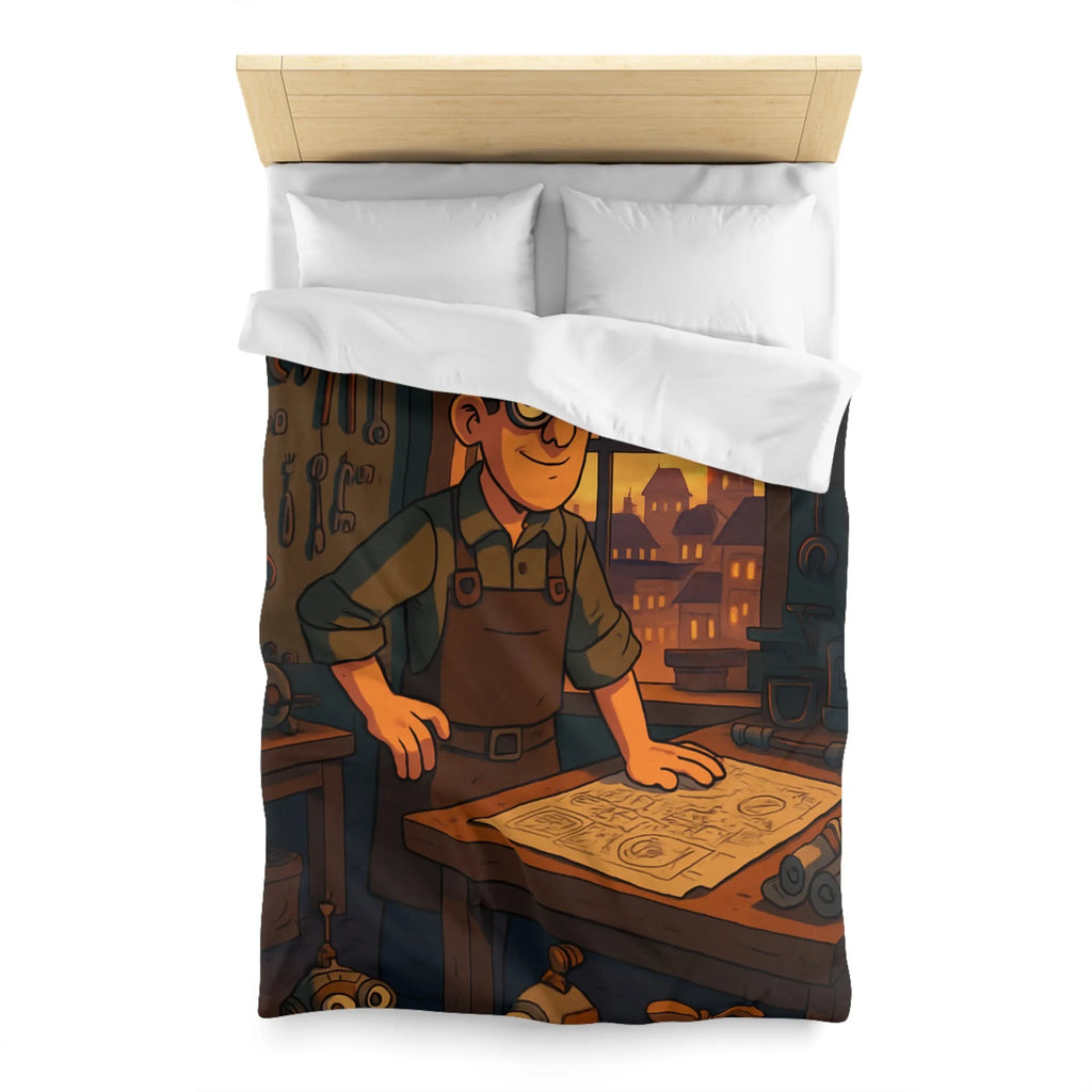 Housse de couette enfant avec illustration atelier rétro et robots amusants pour inventeur