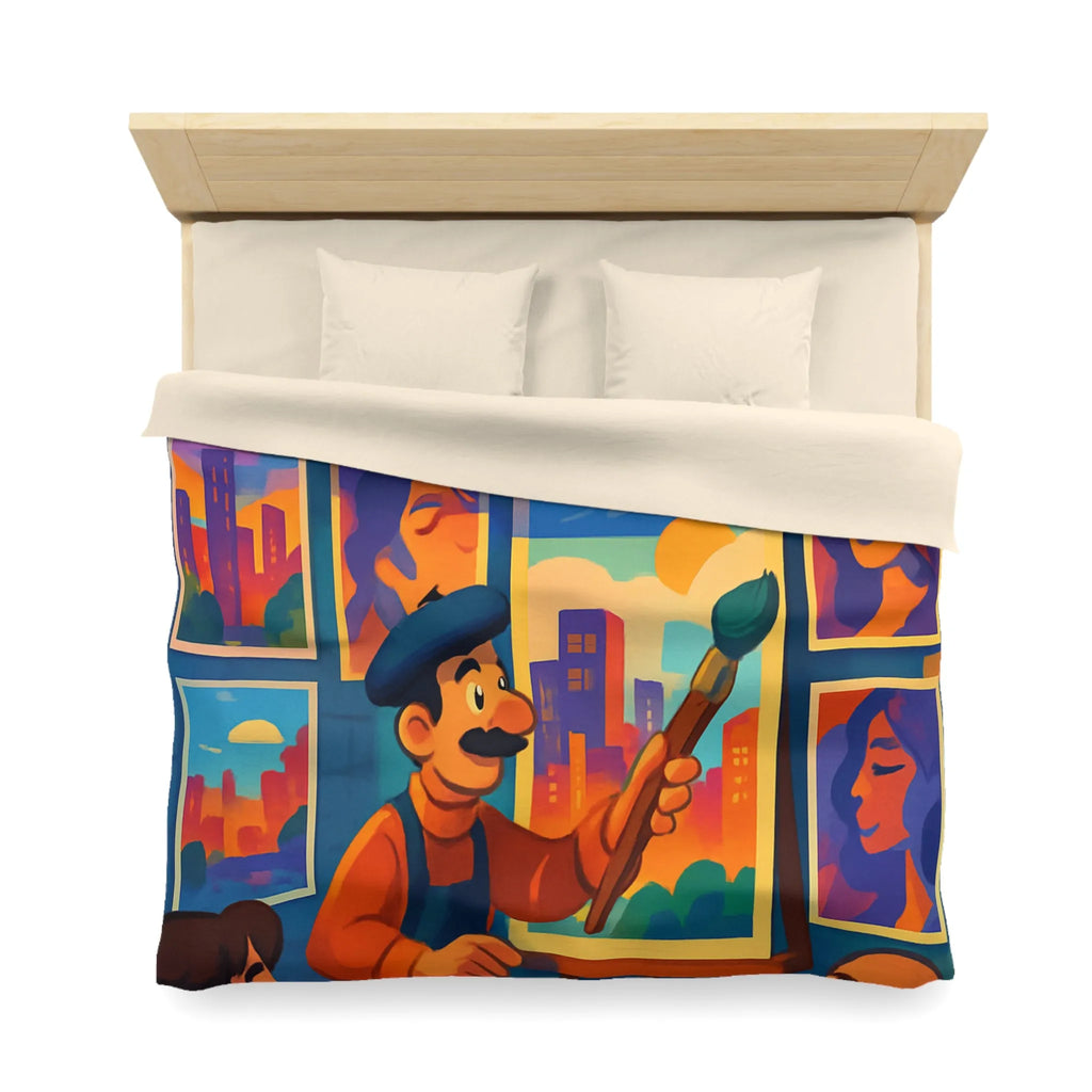 Housse de couette artistique avec scènes de rue vibrantes et peintures colorées