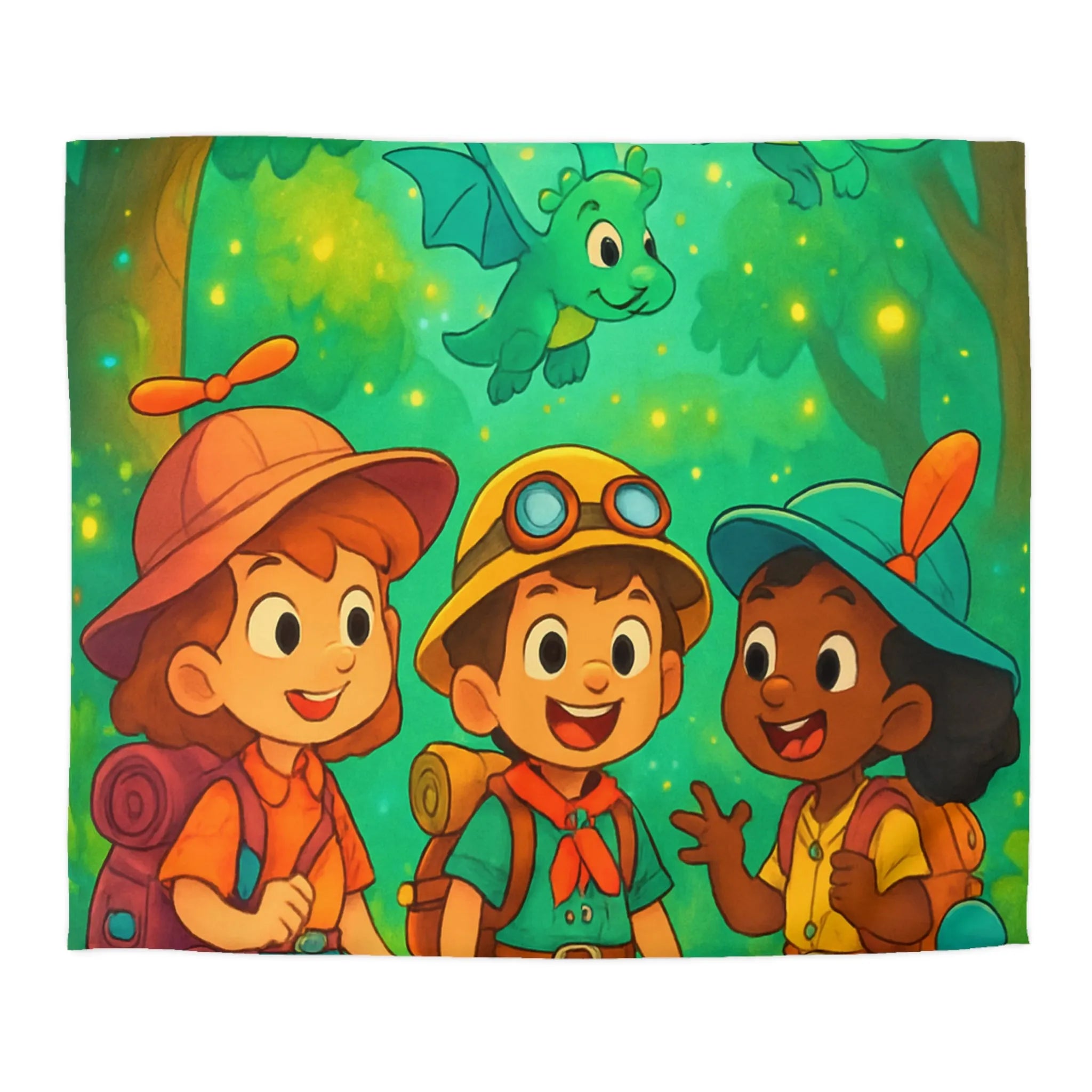 Housse de couette enfants aventure forêt avec dragons et jeunes explorateurs joyeux