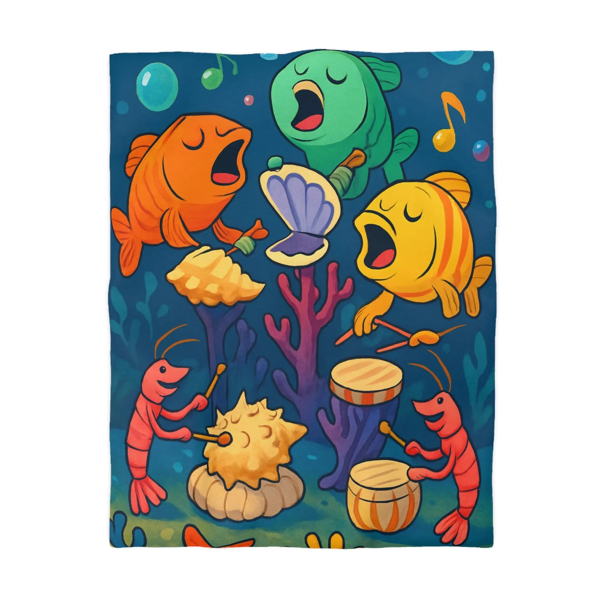 Housse de couette illustration colorée avec poissons chantants et crustacés musicaux sous l'océan