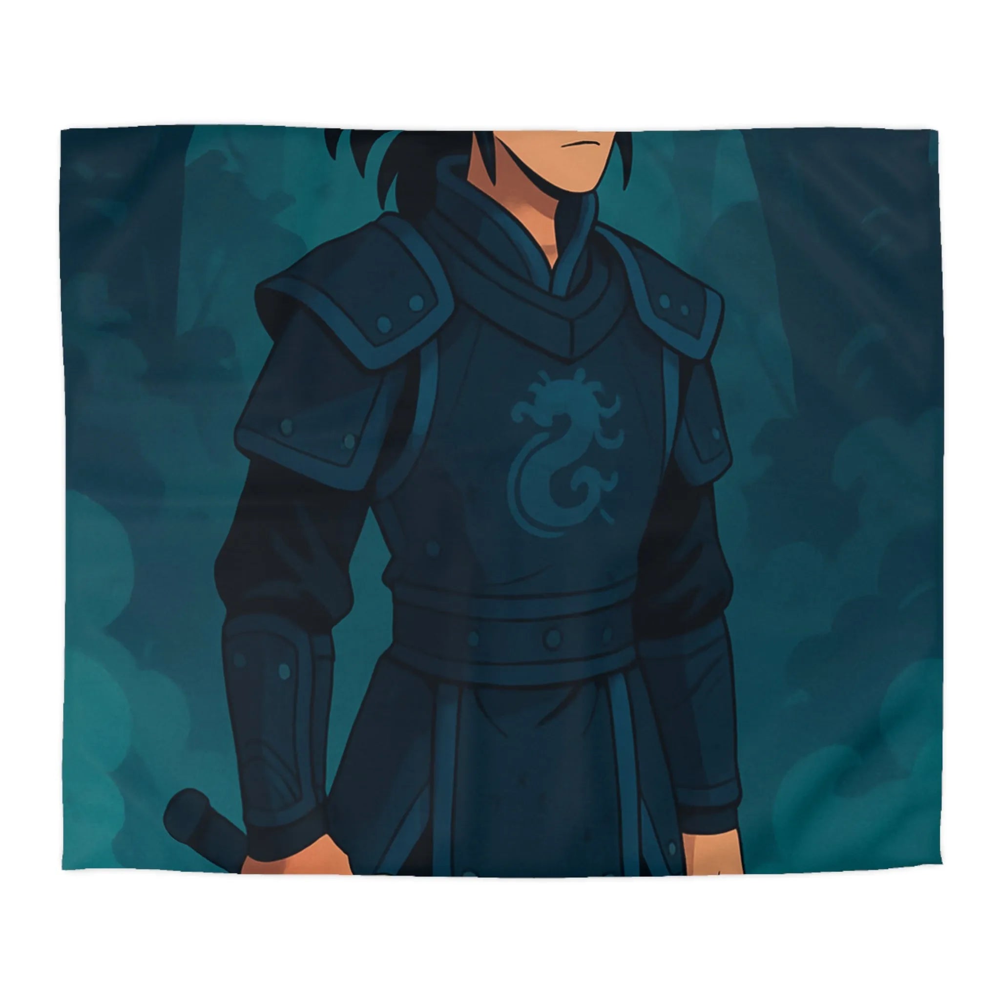 Housse de couette avec illustration guerrier en armure et épée dans la forêt magique