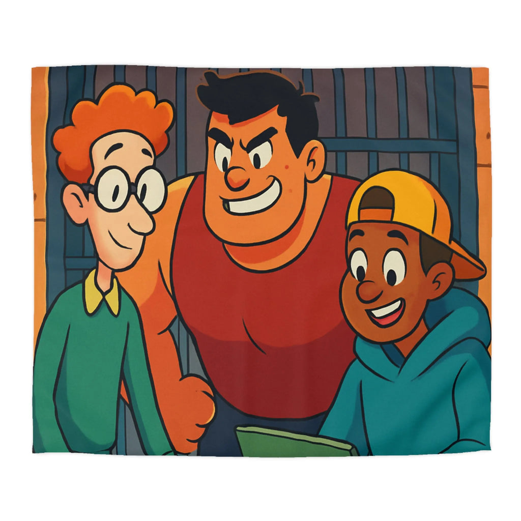 Housse de couette colorée avec plan et personnages animés souriants en arrière-plan