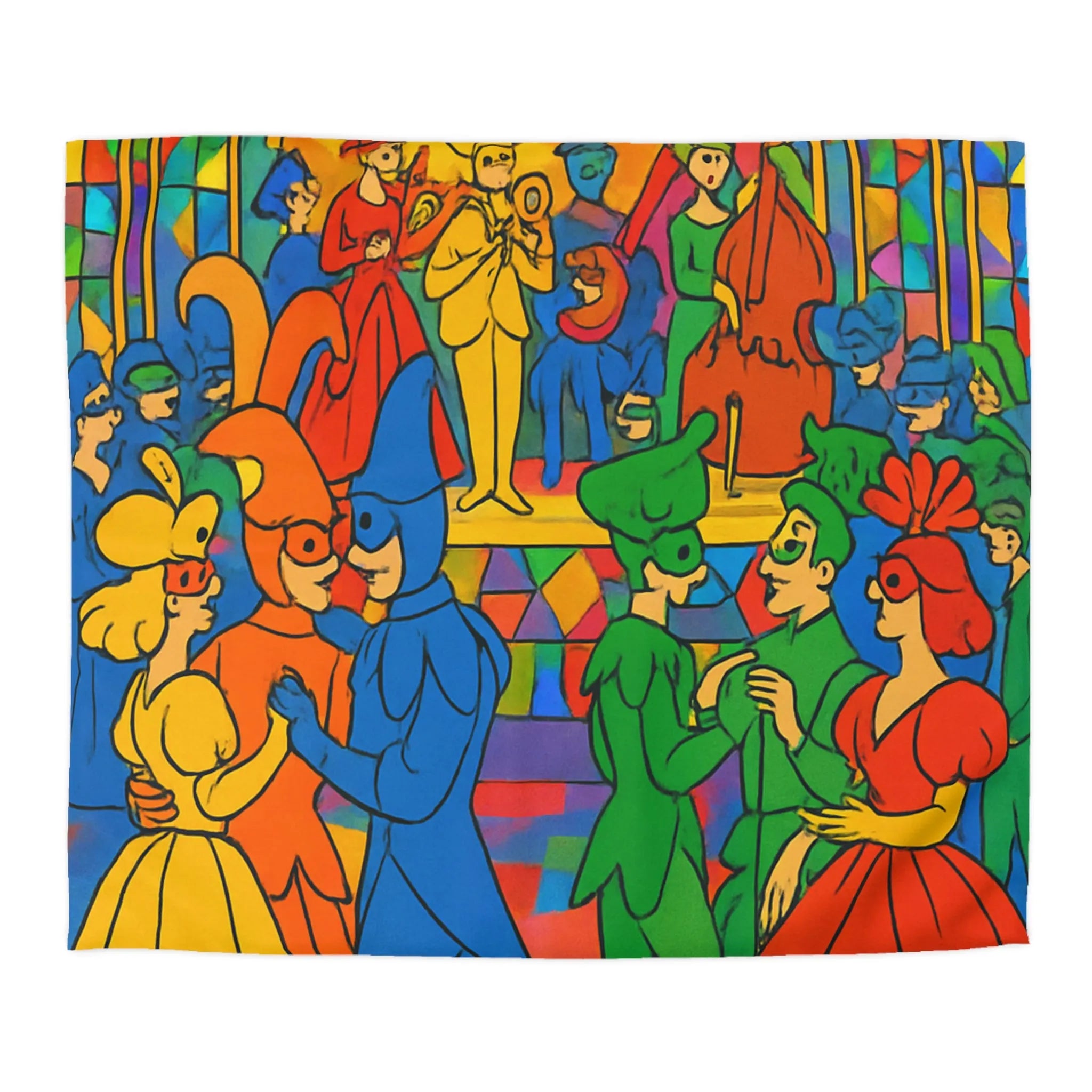 Housse de couette colorée avec scène de bal masqué inspirée du style vitrail