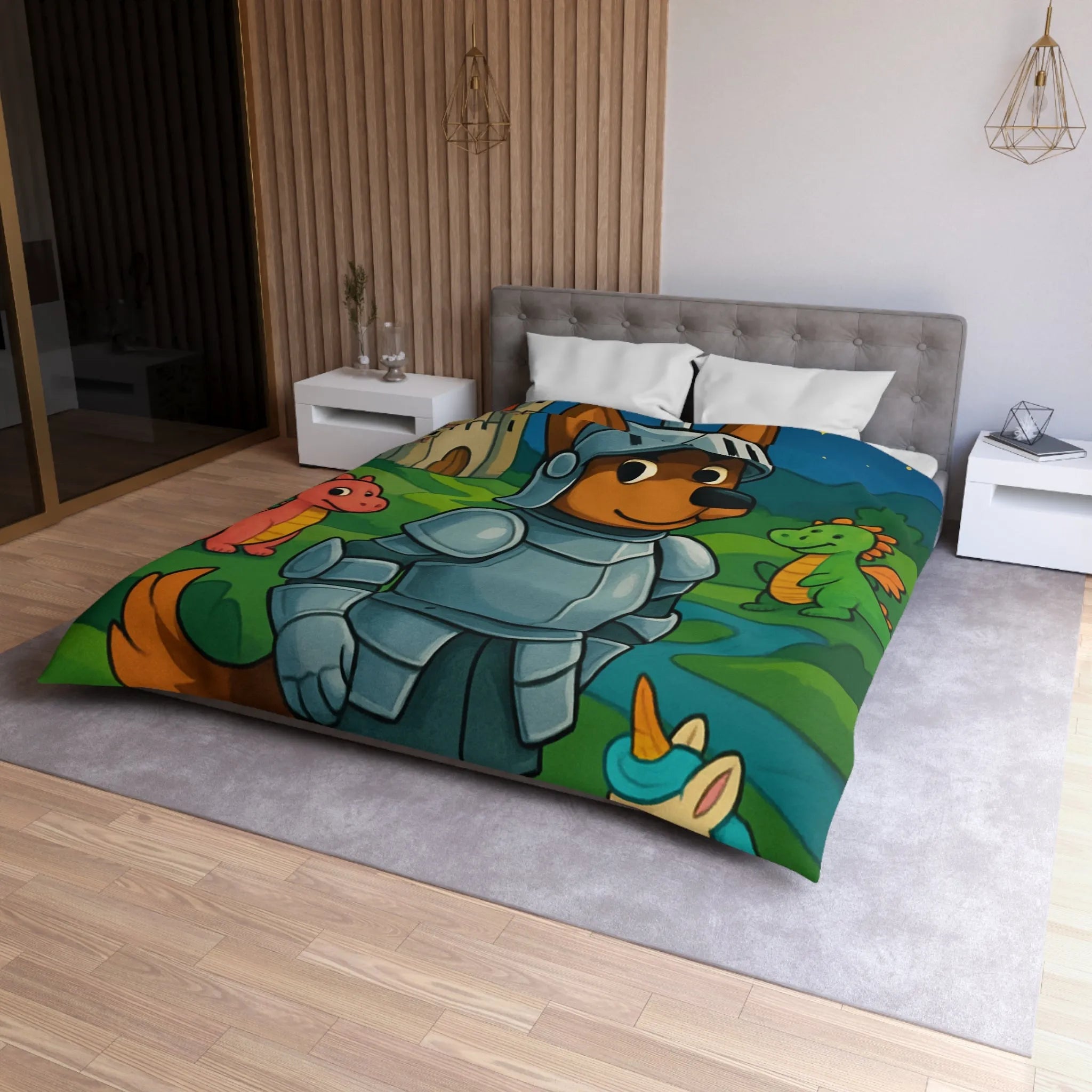 Housse de couette enfant chevalier courageux avec dragon et licorne fantastiques