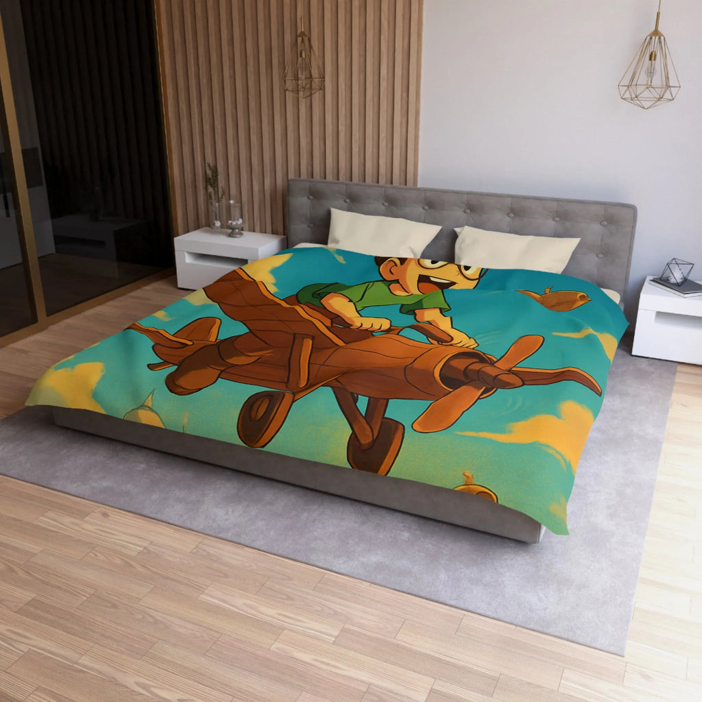 Aventure enfantine avec avion en bois survolant palais nuageux au coucher du soleil