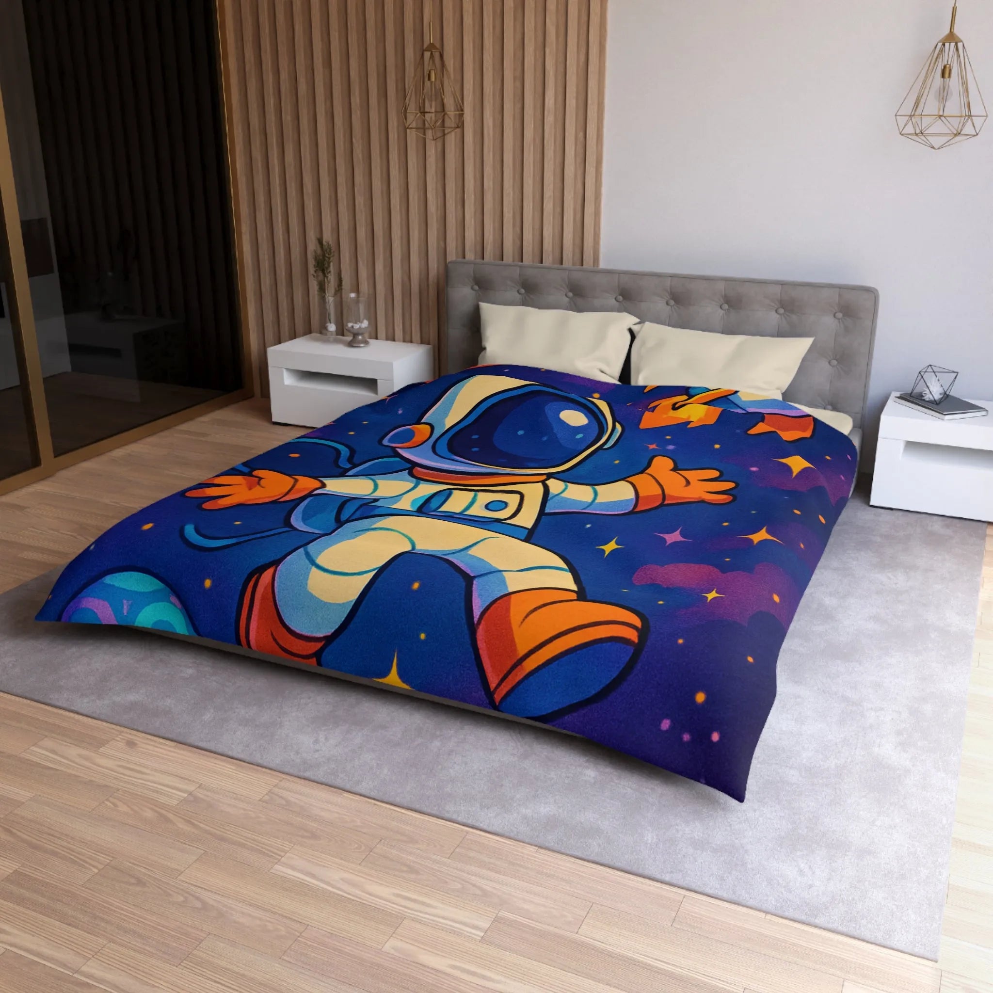 Housse de couette espace colorée avec astronaute flottant et fusée brillante