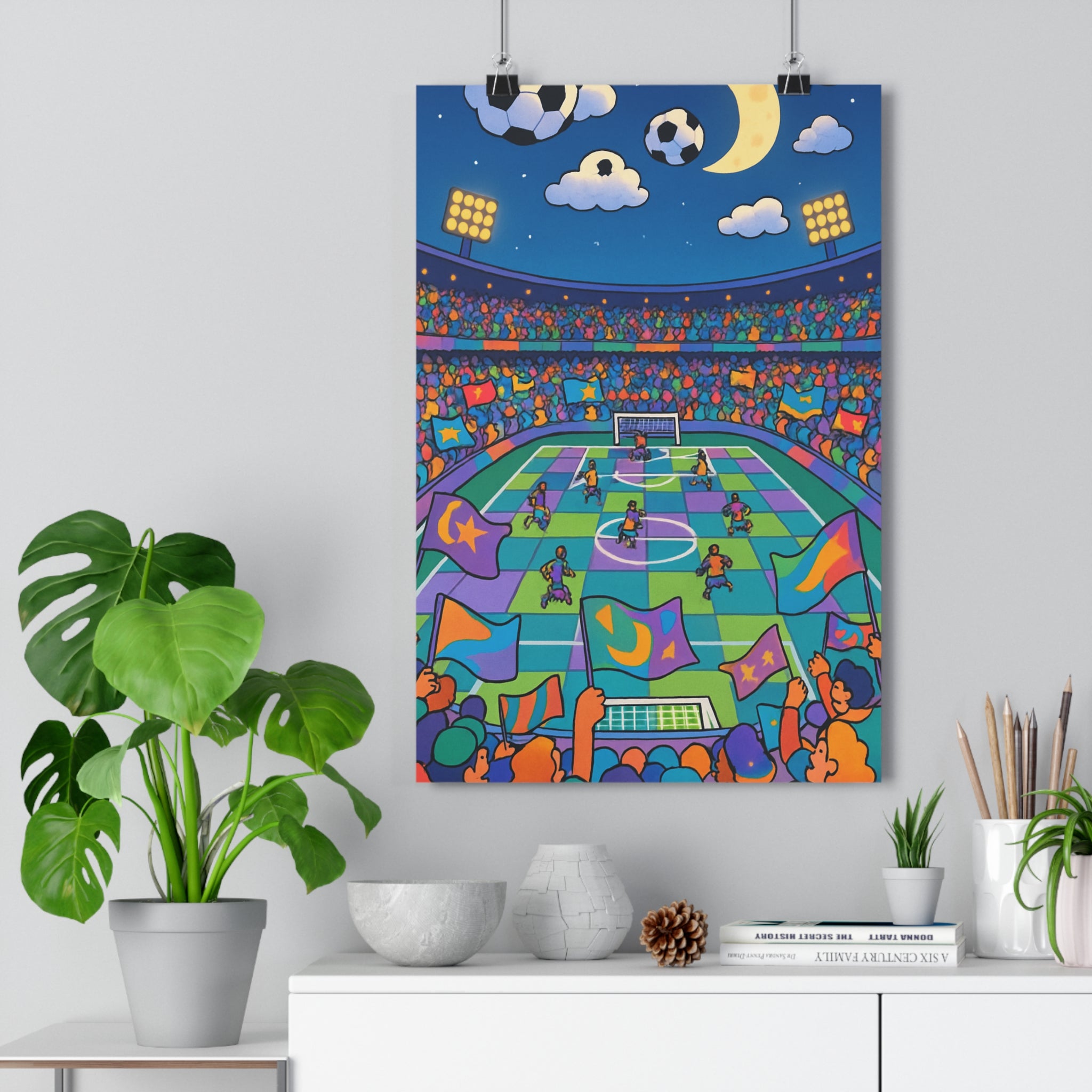 Poster décoratif football fantastique surréaliste coloré bleu violet vert chambre enfant sport unique qualité