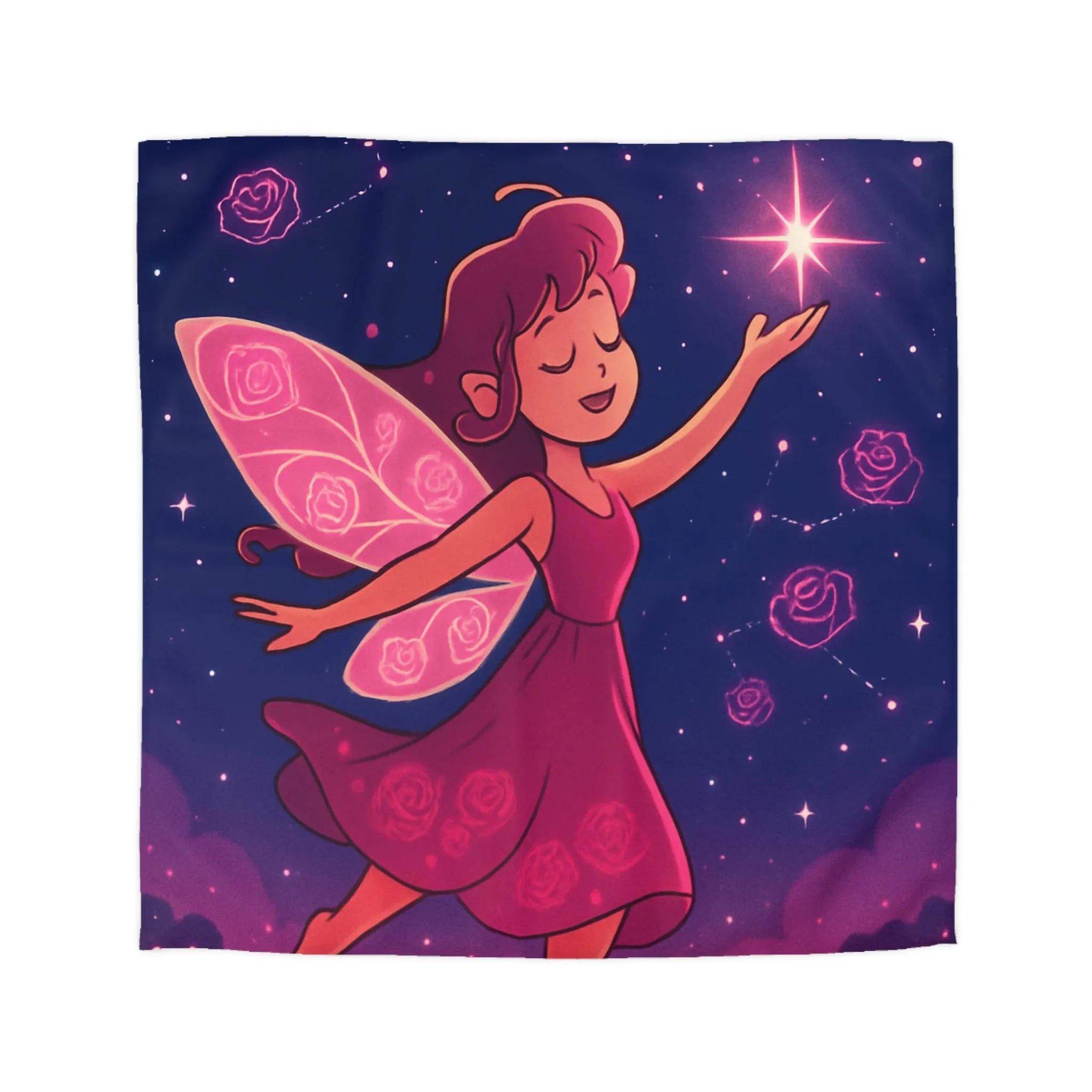 Enchanting Fairy with Wings and Glowing Roses under a Starry Night Sky