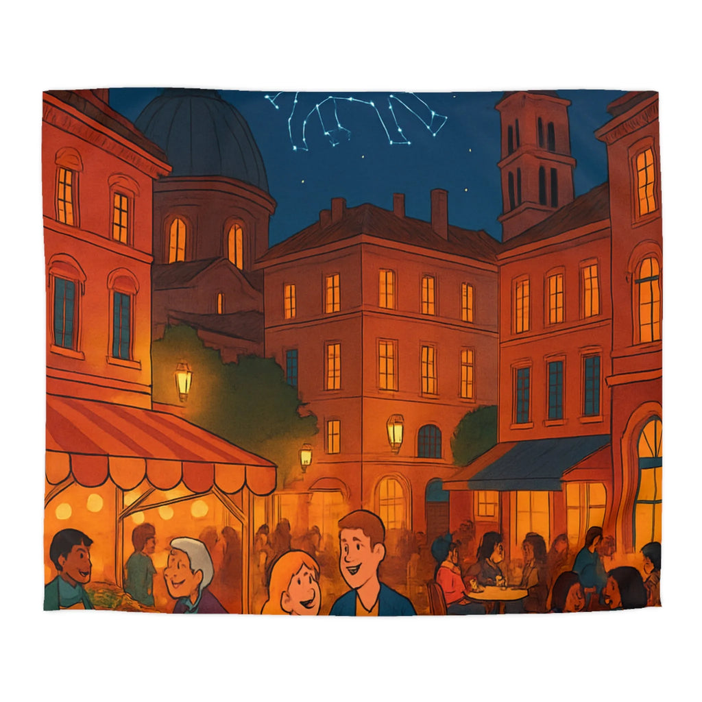 Housse de couette avec scène nocturne urbaine animée sous ciel étoilé