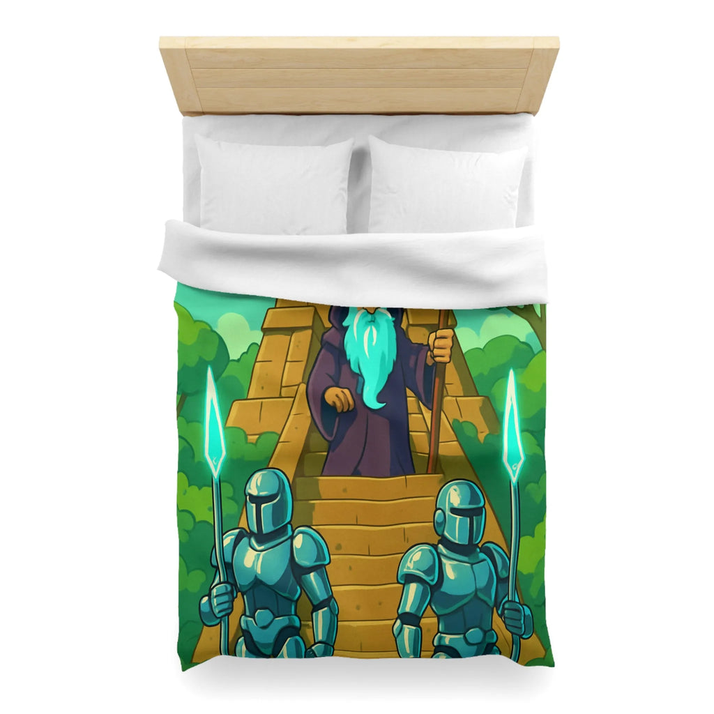 Enchanted Pyramid Landscape with Wizard and Glowing Guardians for Magical Bedding Decor