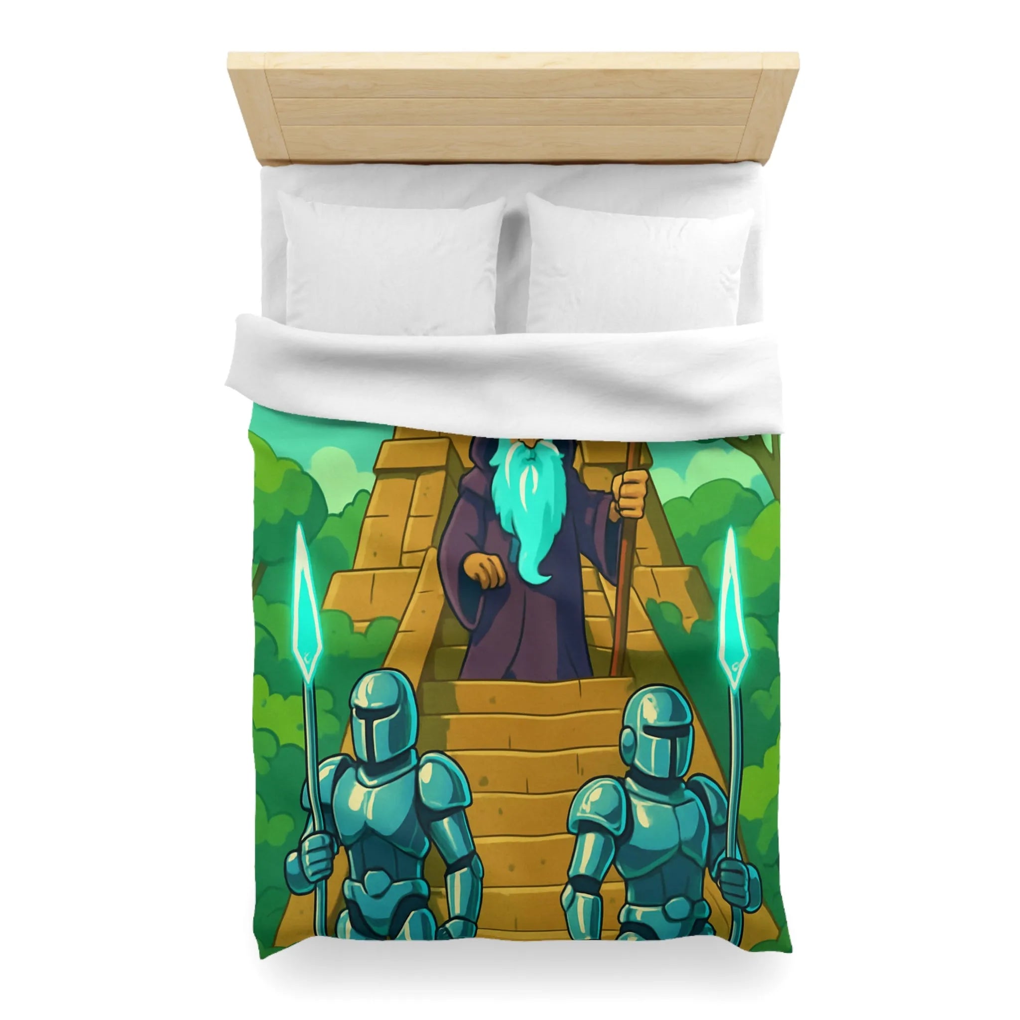 Enchanted Pyramid Landscape with Wizard and Glowing Guardians for Magical Bedding Decor