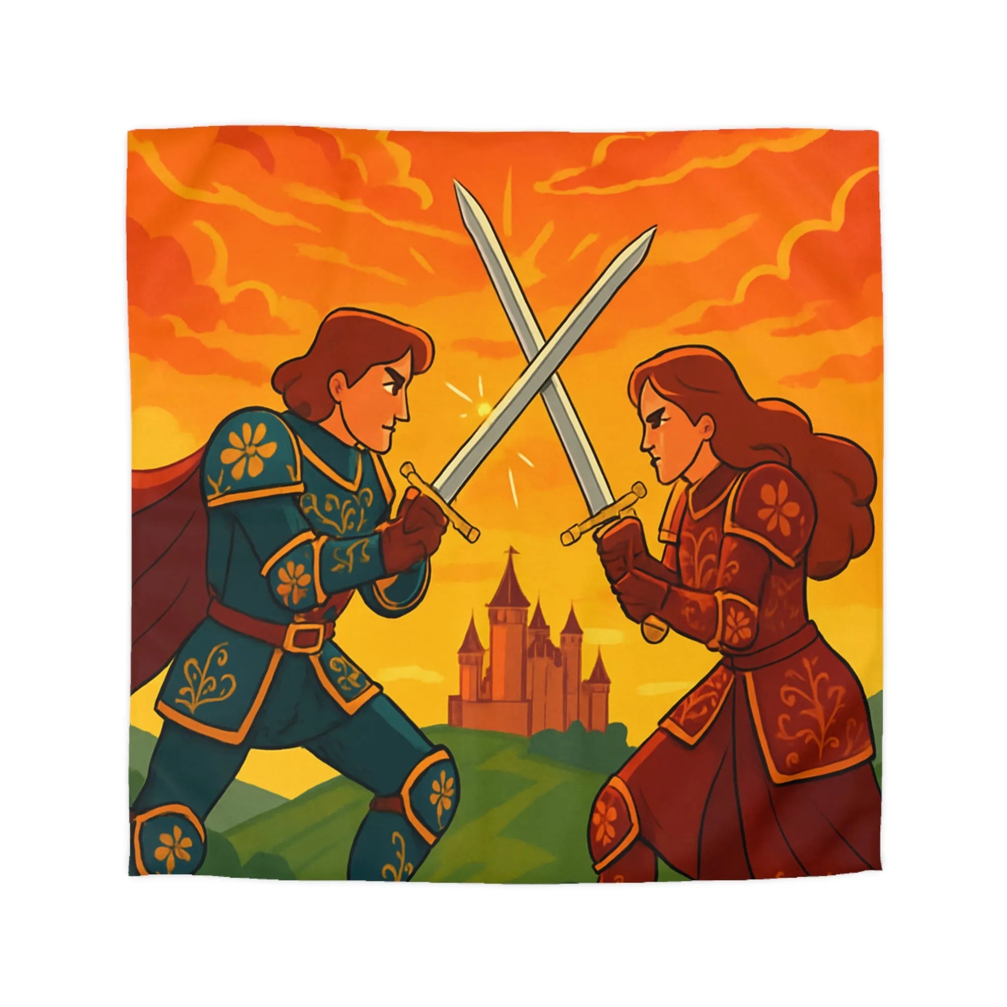 Épique housse de couette avec chevaliers médiévaux, châteaux et ciel flamboyant