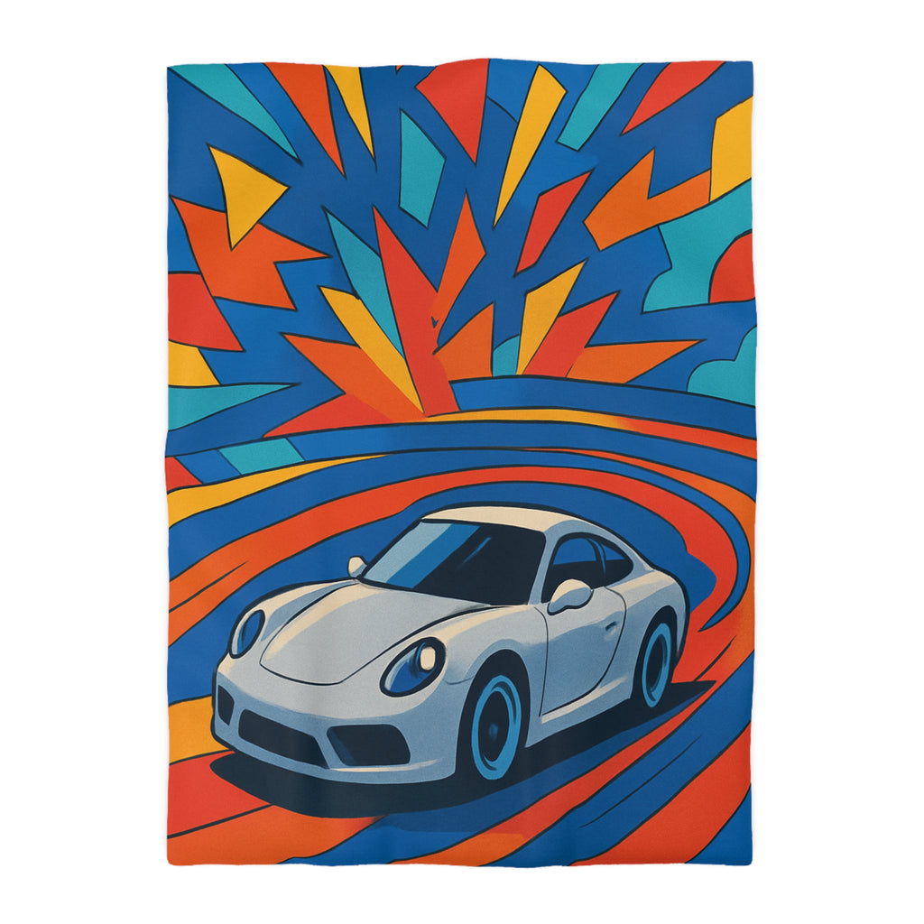 Housse de couette voiture sportive dynamique avec explosion de couleurs vives et éclatantes