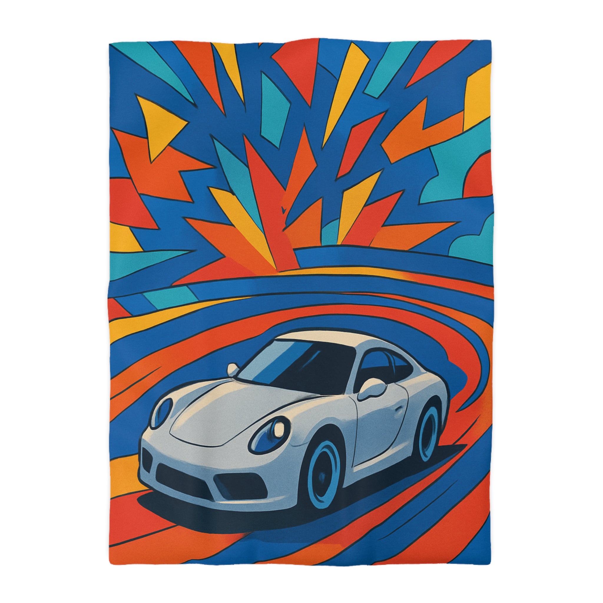Housse de couette voiture sportive dynamique avec explosion de couleurs vives et éclatantes