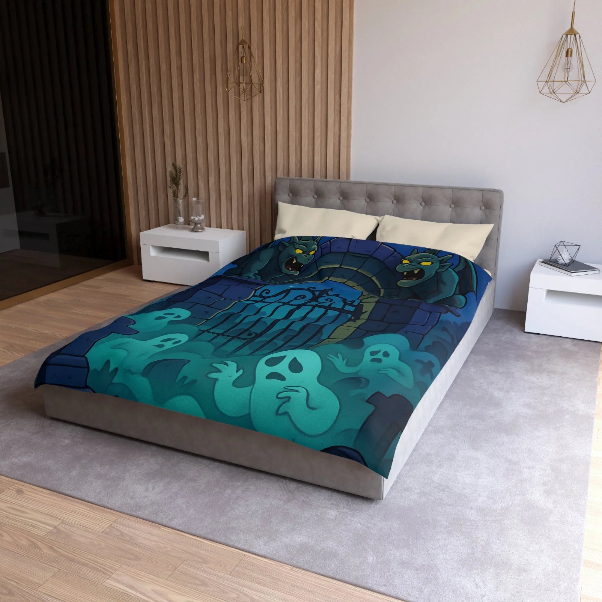 Housse de Couette avec Design Surnaturel : Fantômes et Gargouilles Mystiques au Clair de Lune