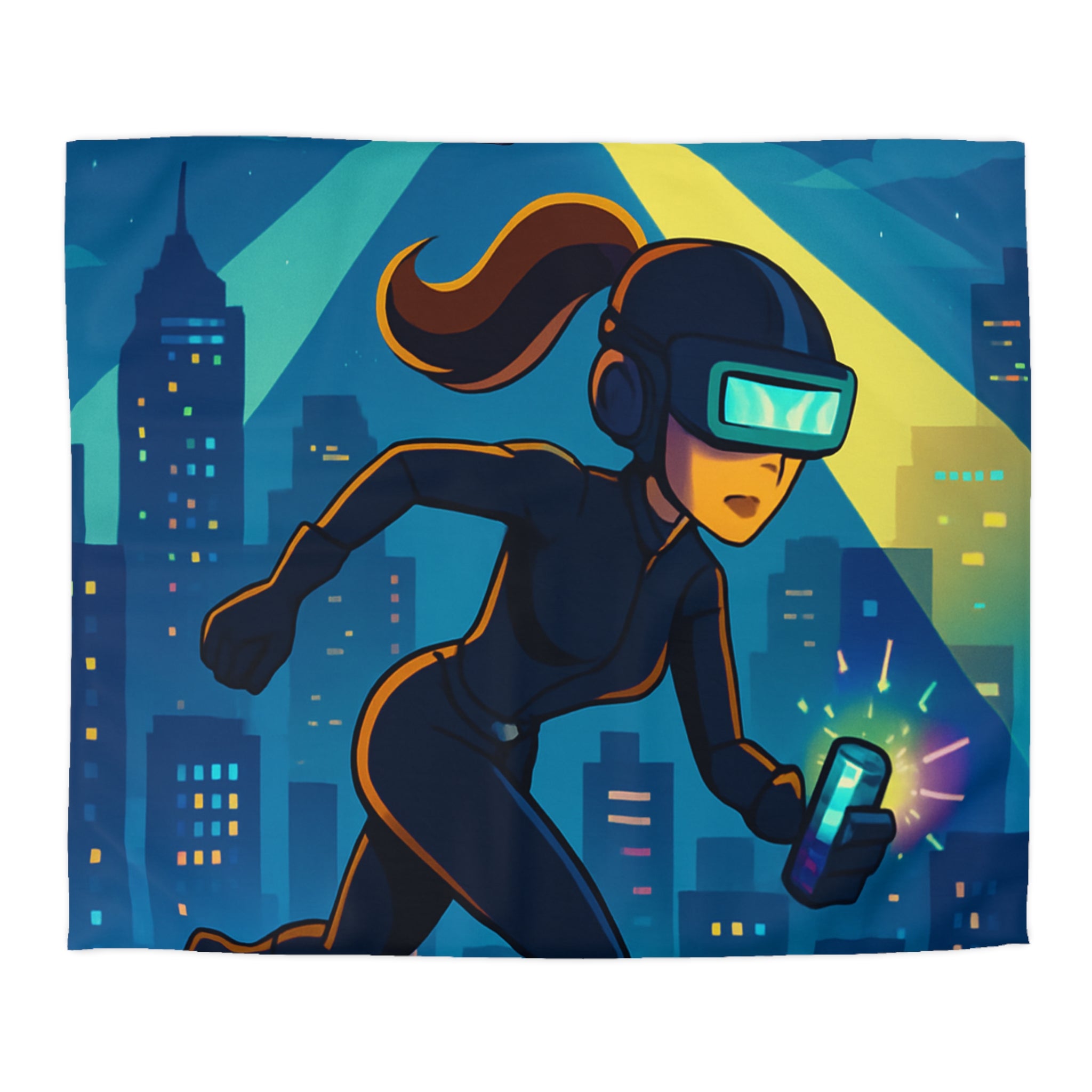 Housse de couette moderne avec motif de ville et personnage futuriste en action