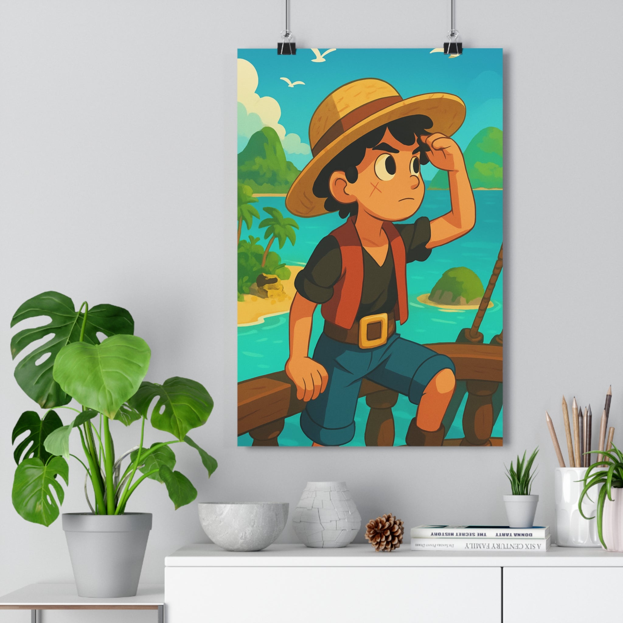 Poster décoratif aventure turquoise bleu jaune cartoon enfant chambre joyeux animation maritime 30x46 îles