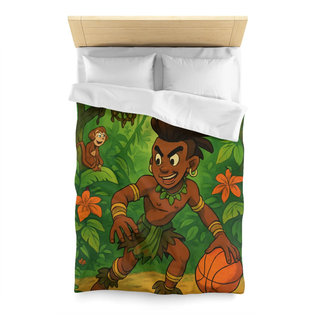 Housse de couette jungle avec garçon joueur de basket et animaux exotiques colorés