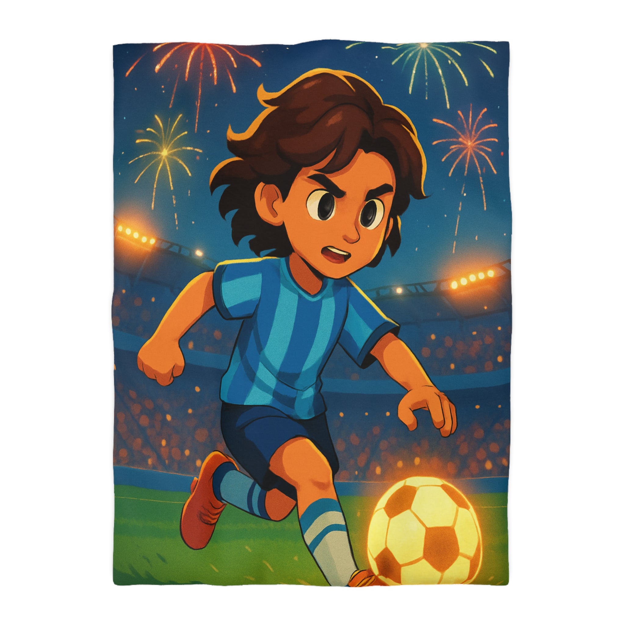 Housse de couette vibrante avec joueur de football animé et feux d'artifice