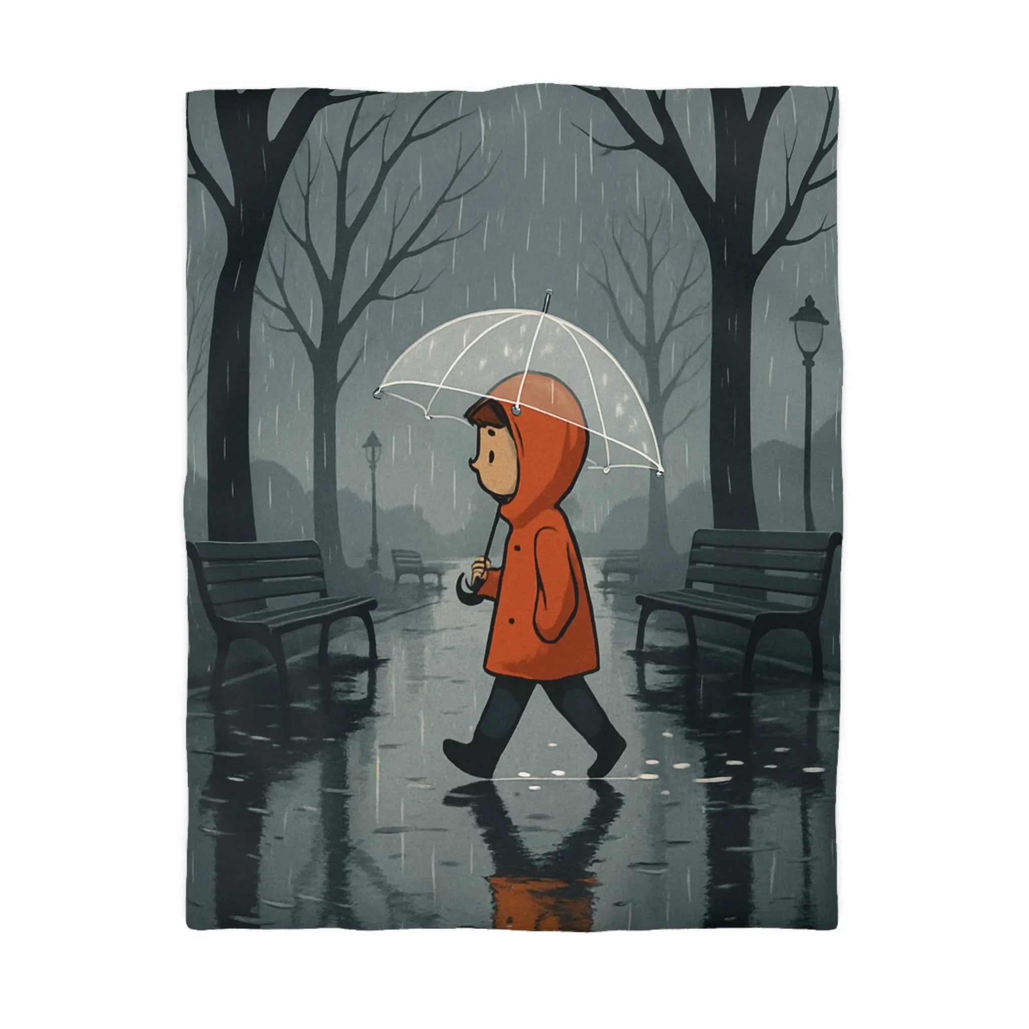 Housse de couette avec illustration d'enfant marchant sous la pluie en forêt brumeuse