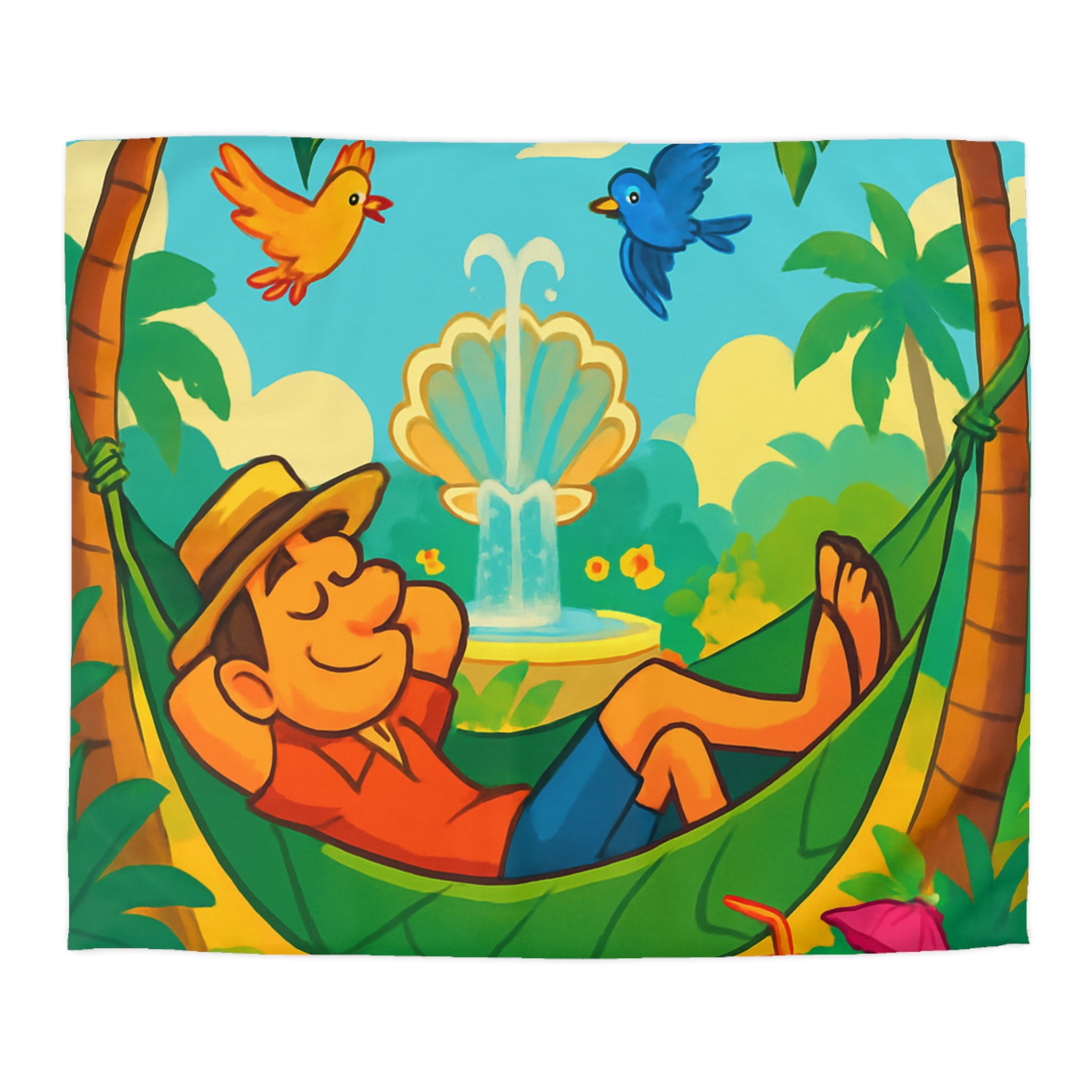 Housse de Couette Tropicale Colorée avec Oiseaux et Hamac pour Décoration Joyeuse