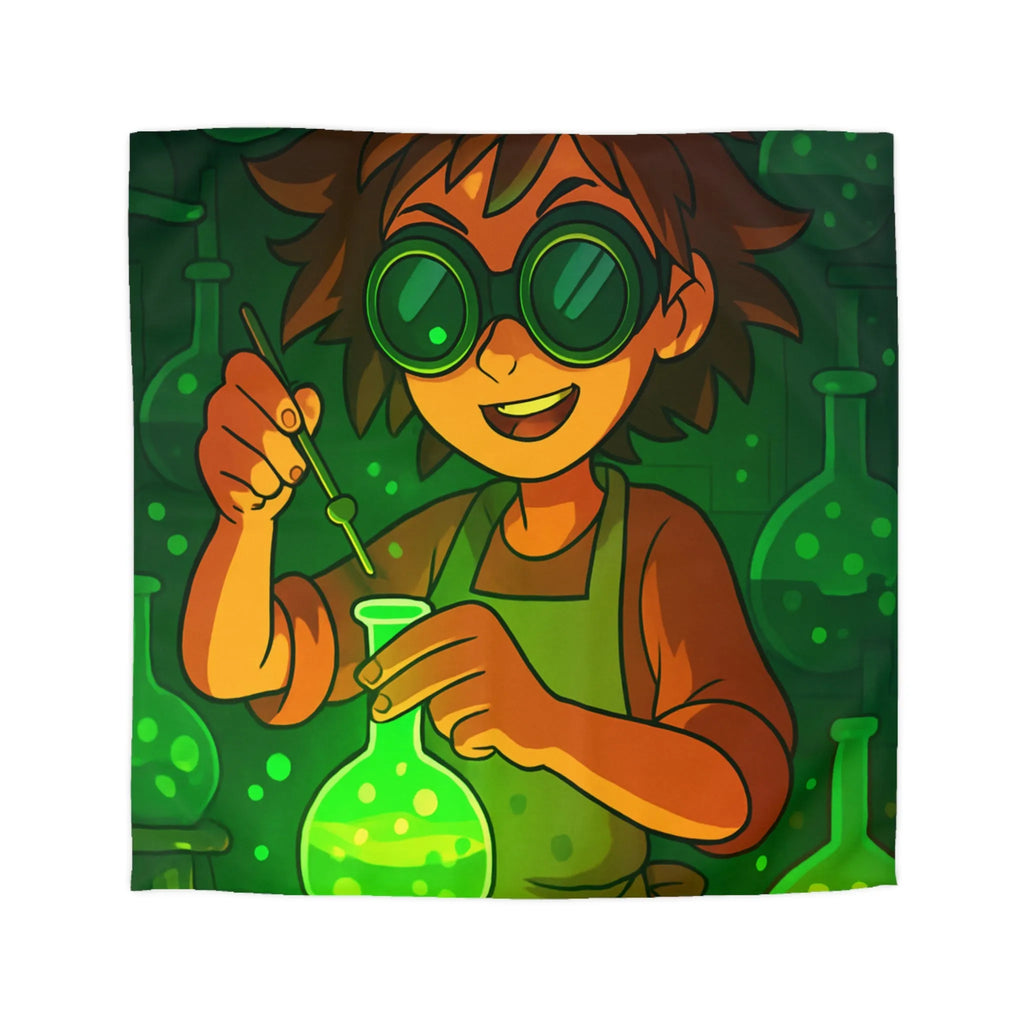 Housse de couette colorée avec un jeune chimiste dans un laboratoire mystérieux et magique