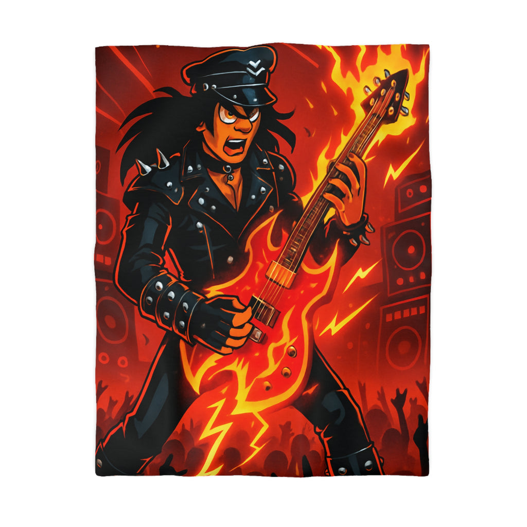 Housse de couette rock énergique avec guitariste enflammé et ambiance concert spectaculaire