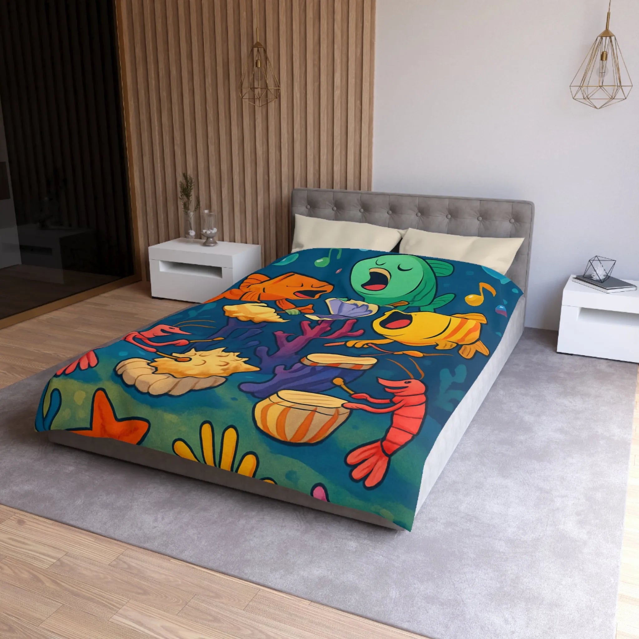Housse de couette illustration colorée avec poissons chantants et crustacés musicaux sous l'océan