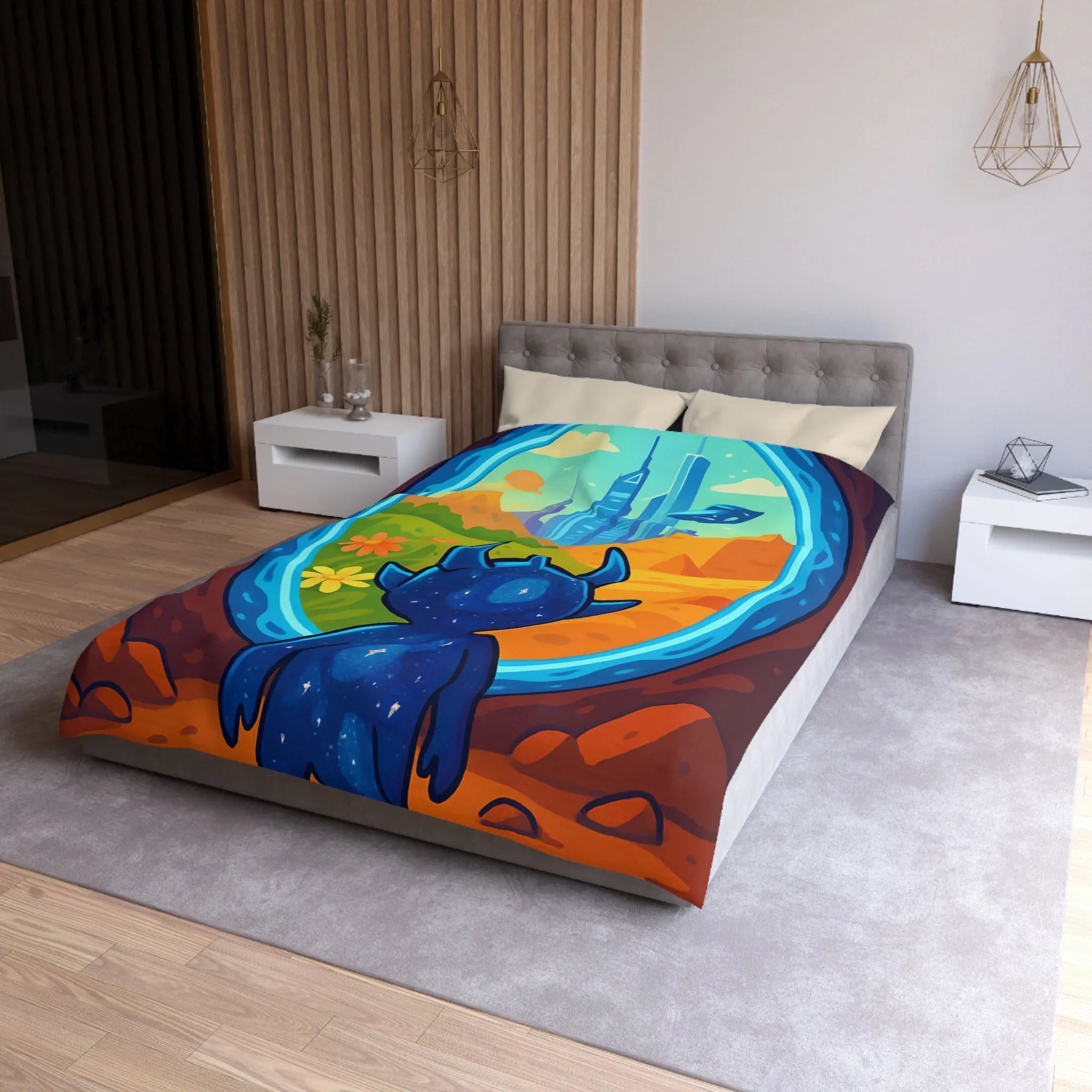 Housse de couette colorée avec créature cosmique et paysage futuriste magique