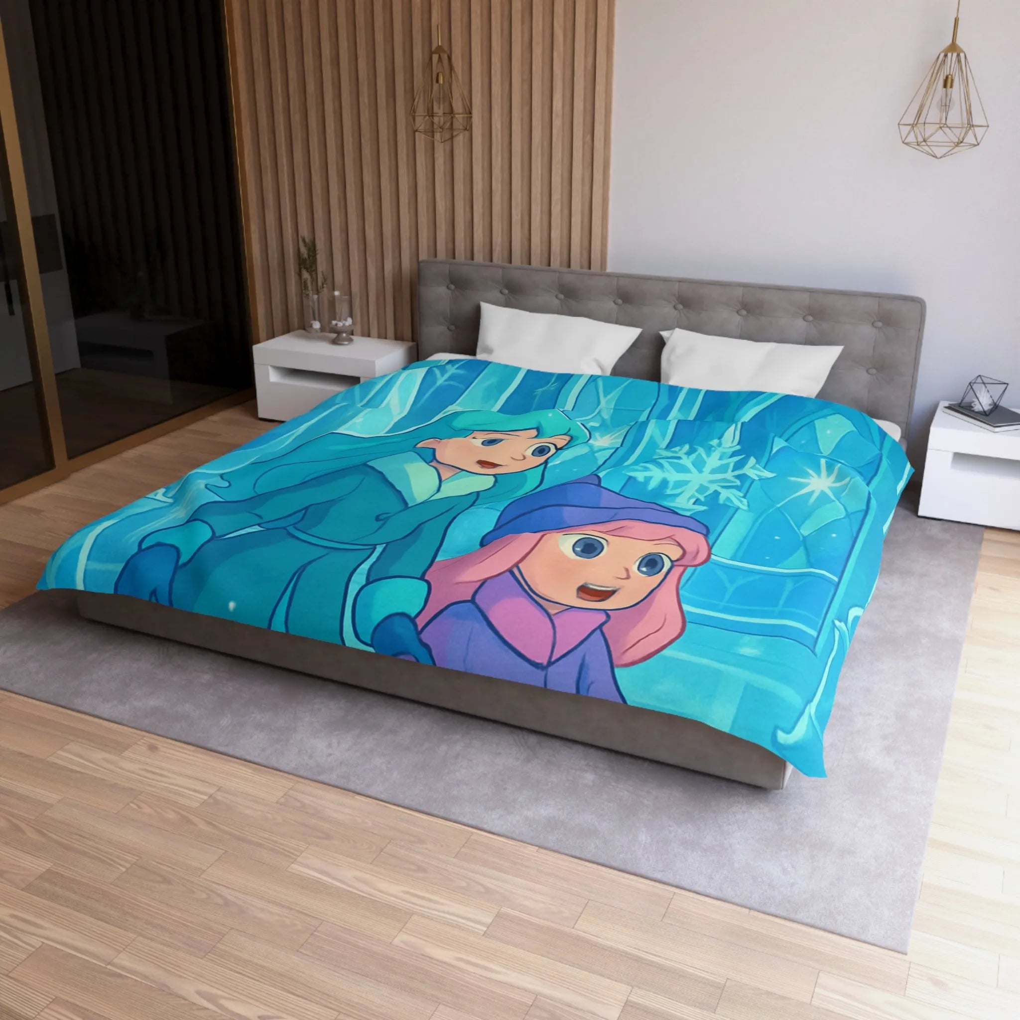 Élégante Housse Couette Glacée Enfants Magie Arctique avec Motifs Flocons et Statues