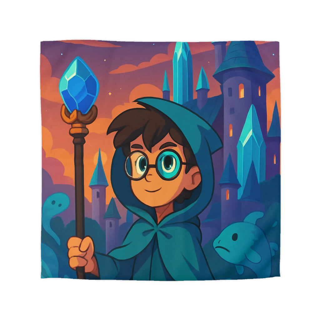 Housse de couette magie bleue fantasy avec château, sorcier et météore étincelant