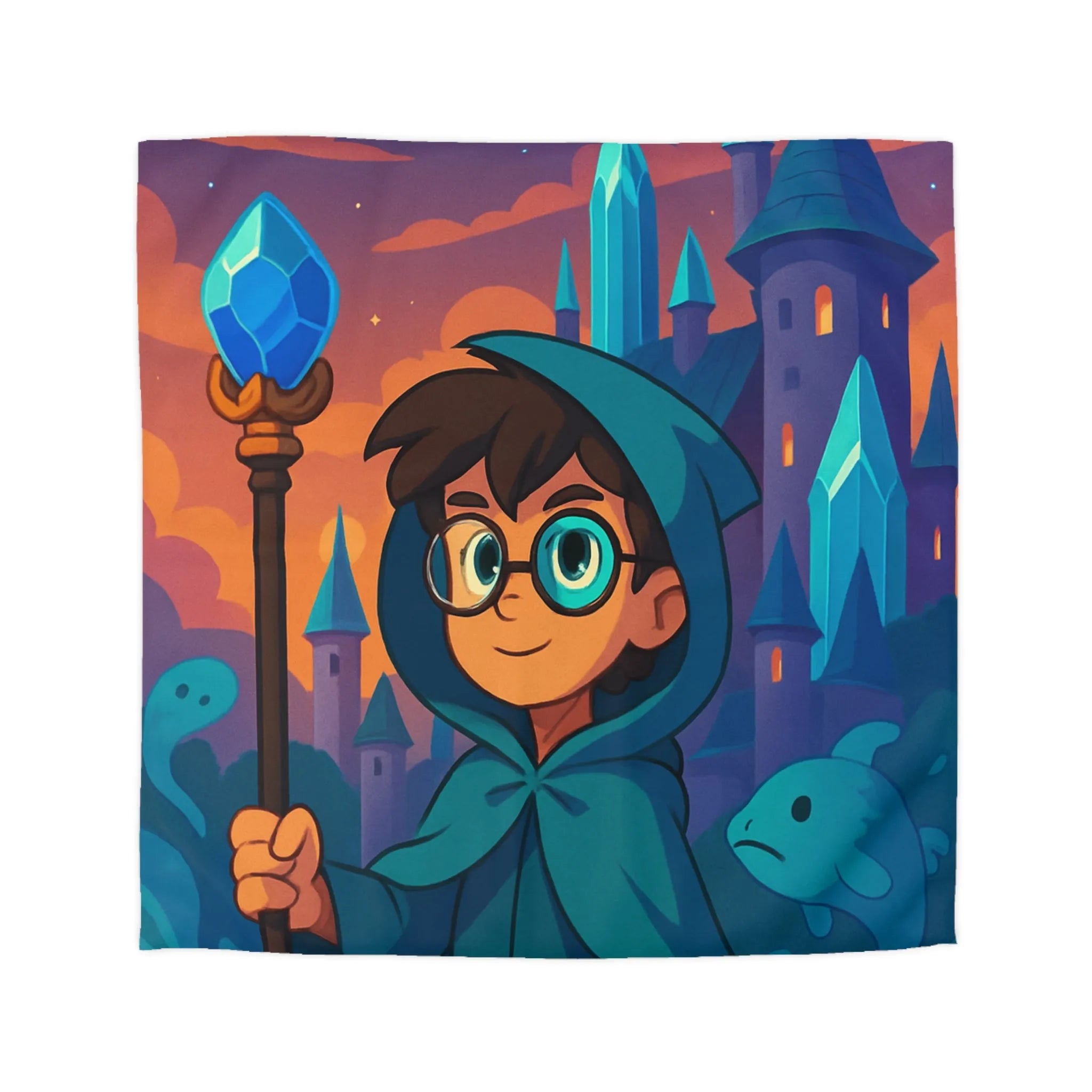 Housse de couette magie bleue fantasy avec château, sorcier et météore étincelant