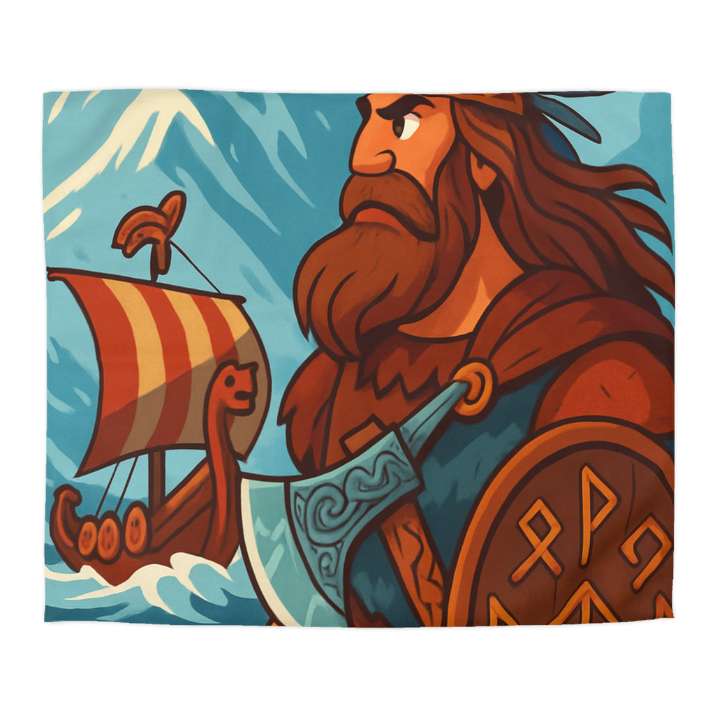 Housse de couette viking avec guerrier, montagne, navire, mer, motifs runiques