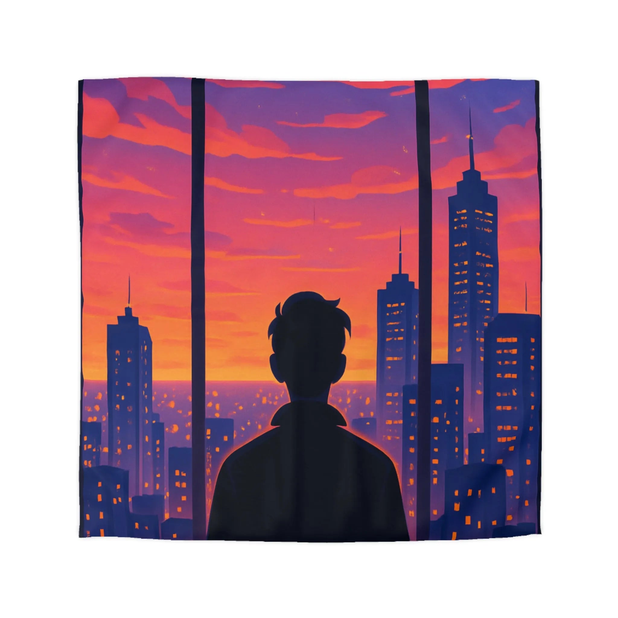 Housse de Couette Colorée avec Silhouette de Personne Devant Ville au Crépuscule