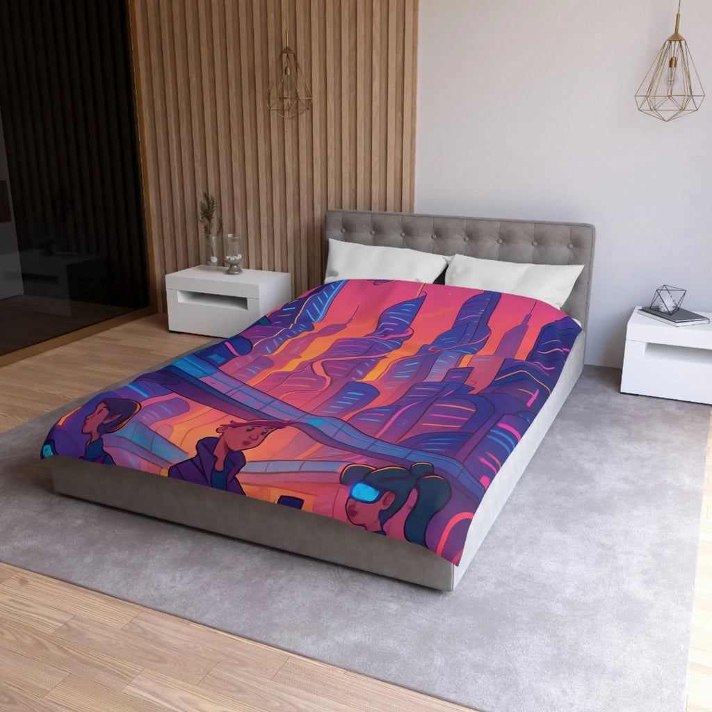 Housse de couette décor futuriste avec ville néon et gratte-ciel au coucher du soleil