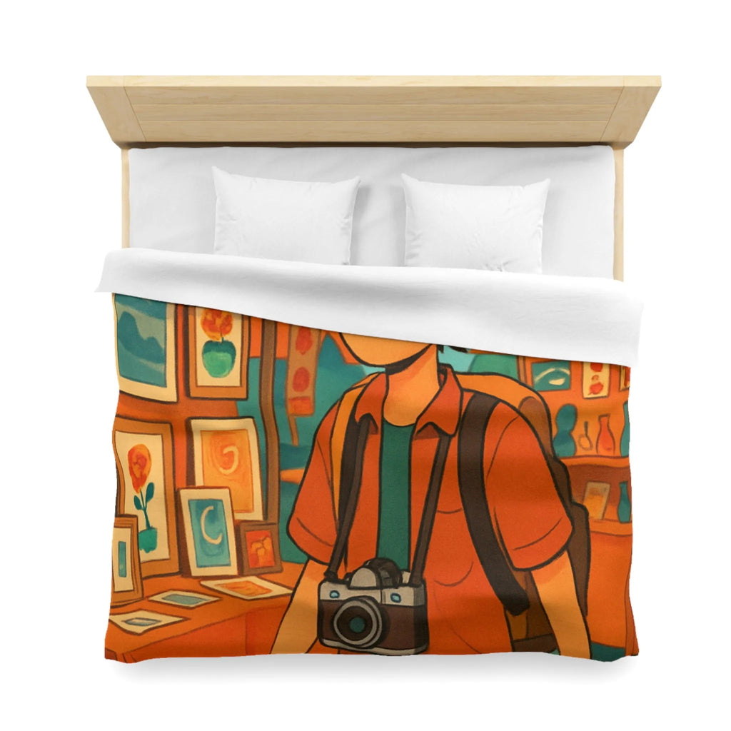 Housse de couette animée avec jeune explorateur et marché aux lanternes colorées