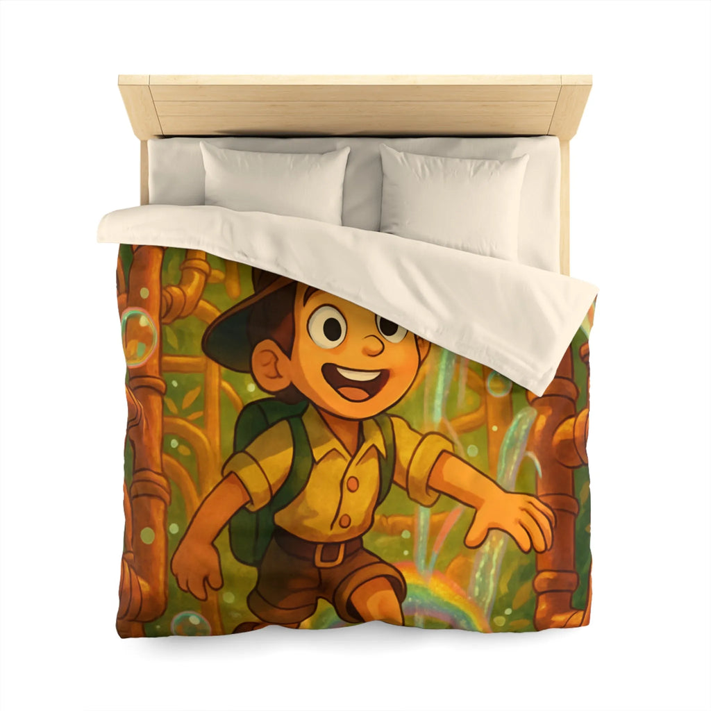 Housse de couette enfantine : garçon explorateur, tuyaux dorés, arcs-en-ciel et bulles joyeuses