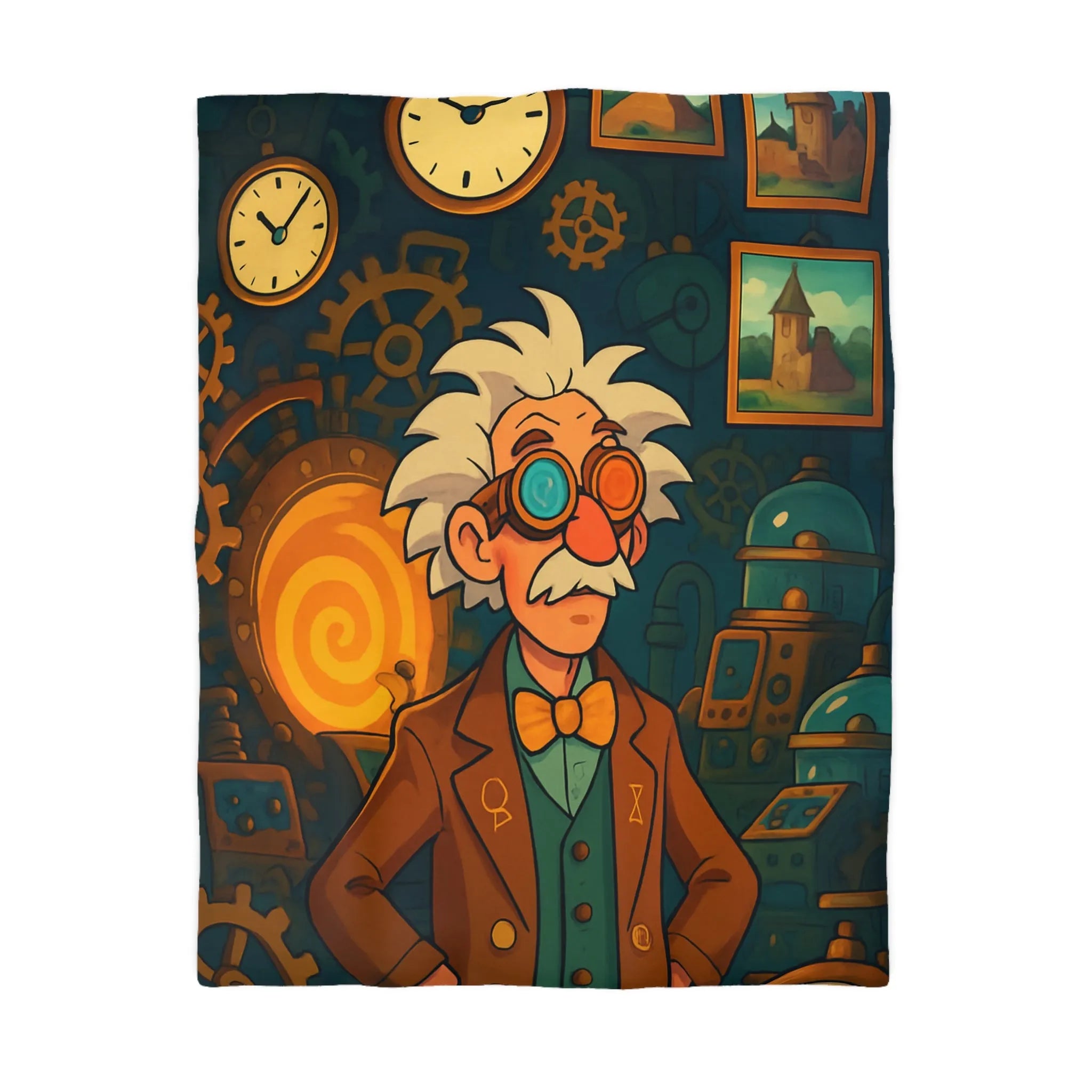 Housse de couette avec horloges mécaniques et inventeur dans un atelier fantastique