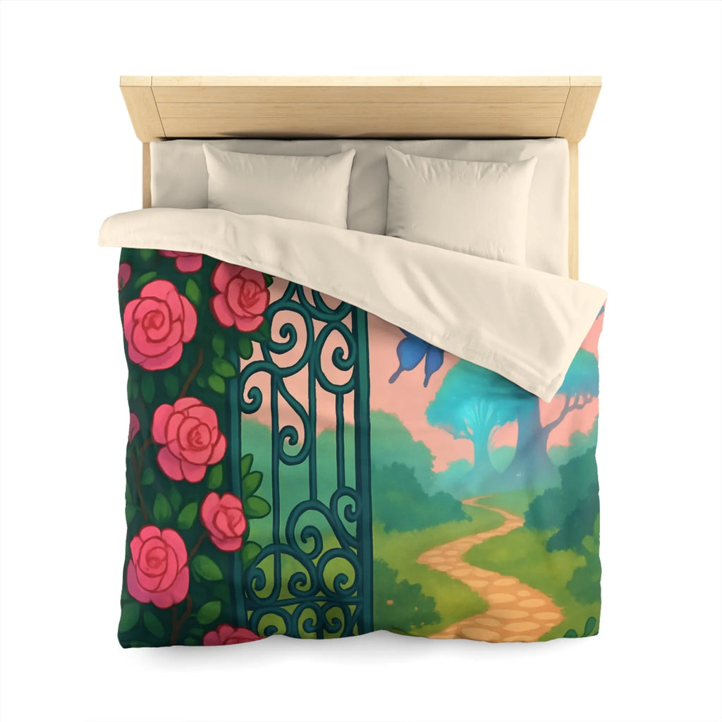 Belle housse de couette féerique avec portail fleuri et papillons colorés, jardins enchanteurs